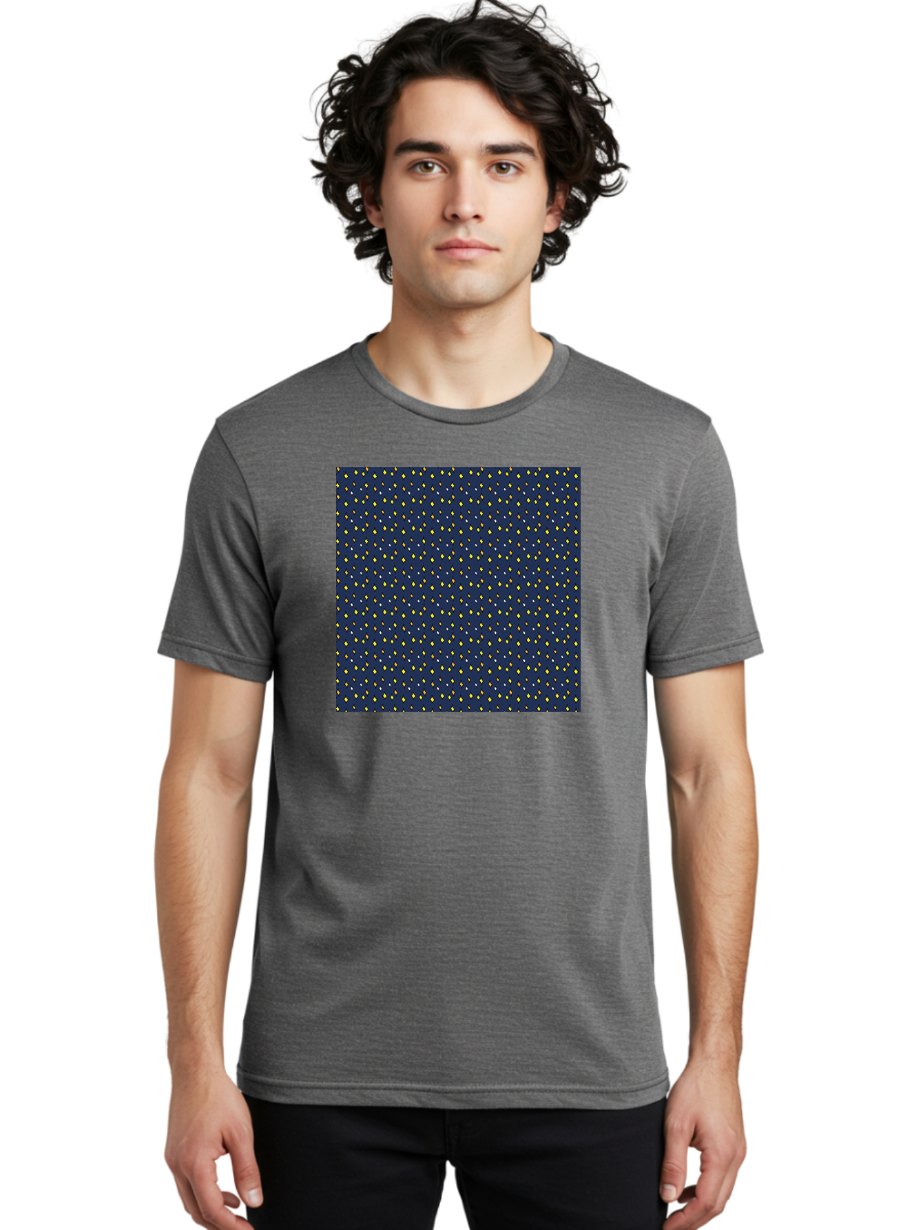 Navy-Blue-Dots Men'S Graphic Tee, 100% Cotton, Comfortable Casual Summer Wear, Machine Washable, Navy Blue Background, Yellow Diamonds, White Accents, Geometric Pattern, Abstract Design, Repeating Motif, Minimalist Style, Wallpaper Texture Aab003 10
