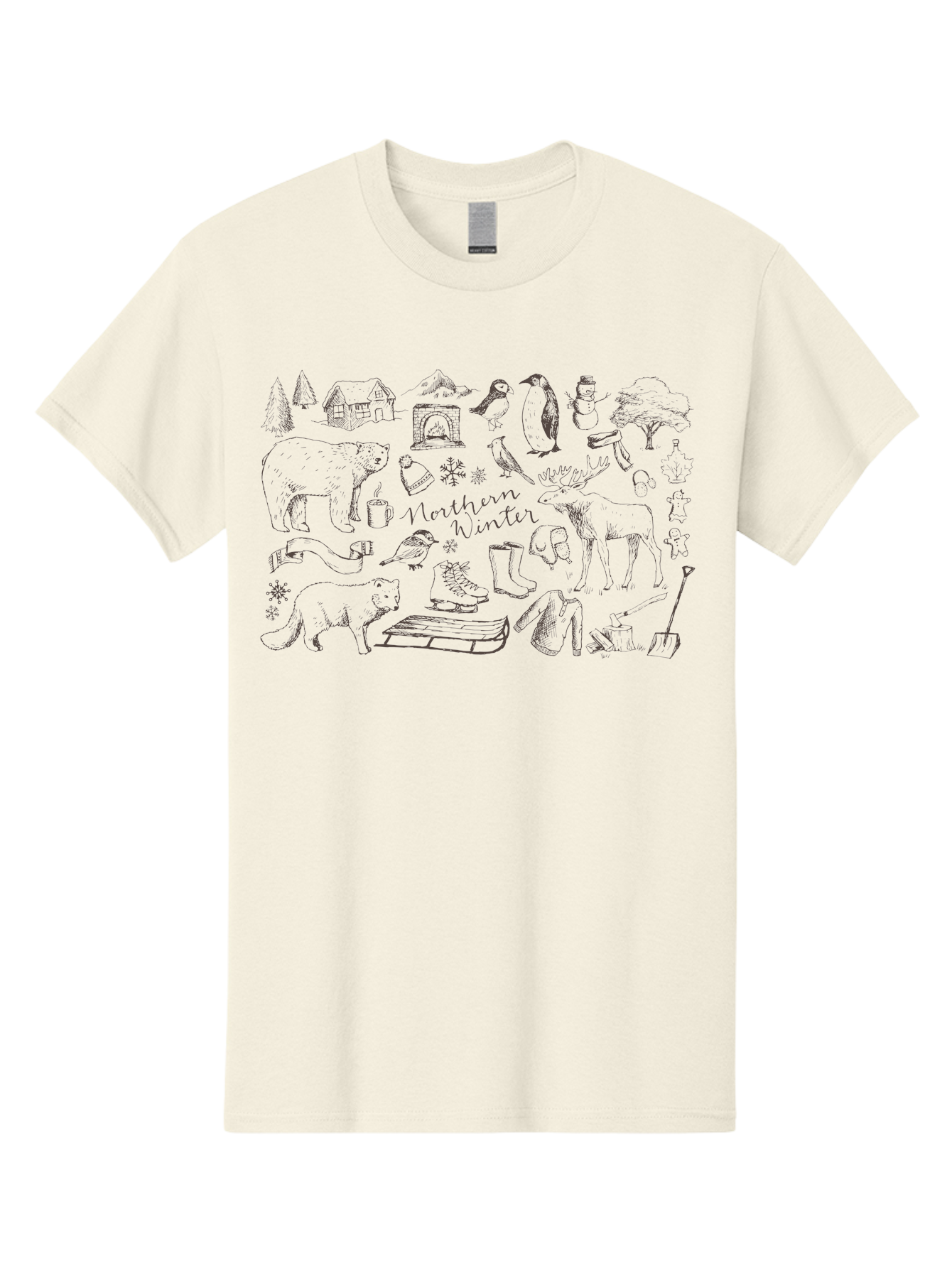 Northern-Winter Men'S Graphic Tee, 100% Cotton, Comfortable Casual Summer Wear, Machine Washable, Winter Scene, Northern Wildlife, Polar Bears, Penguins, Deer, Snowflakes, Cozy Cabin, Fireplace, Warm Clothing, Winter Boots, Snowy Trees, Aab014 17