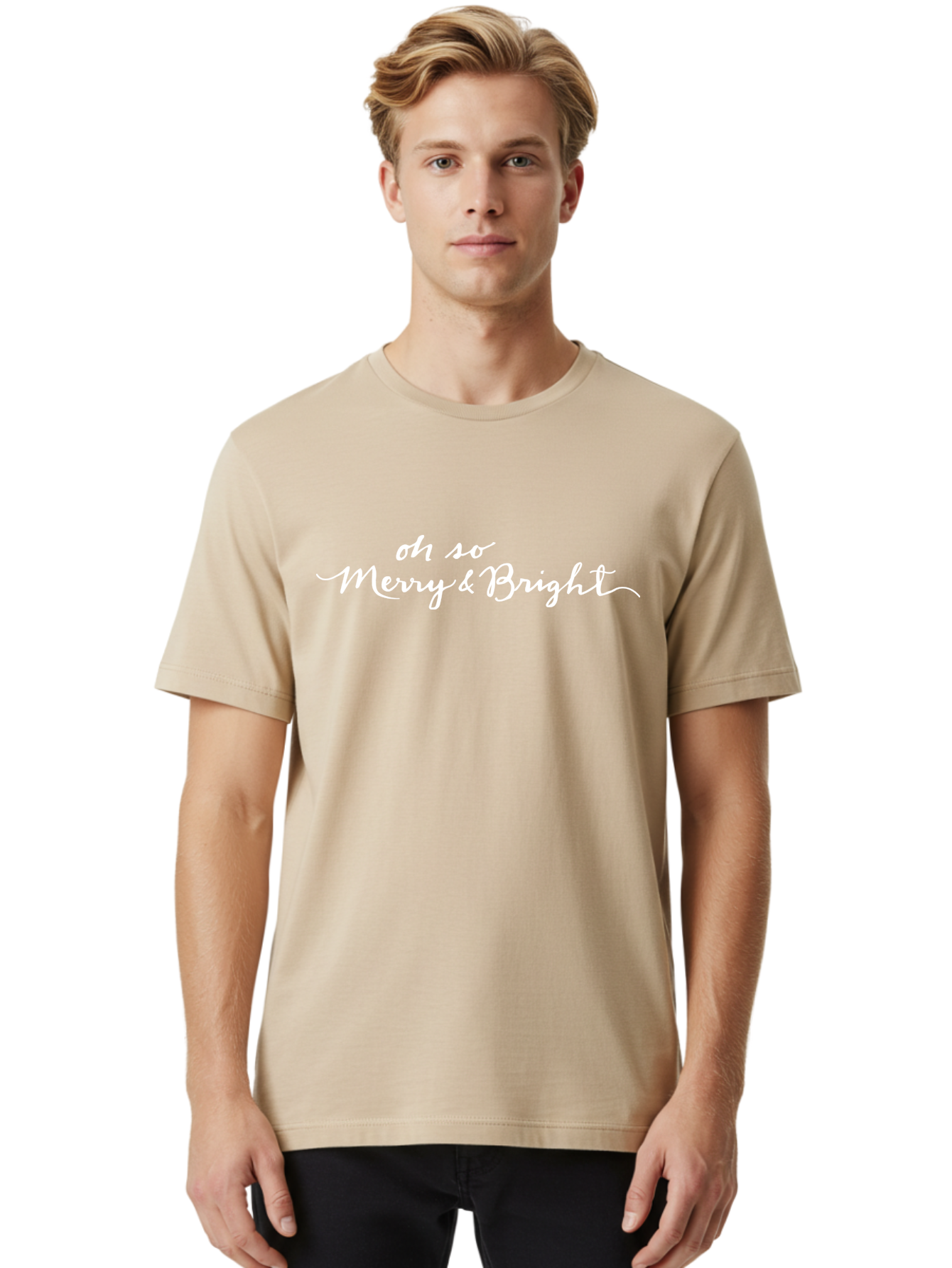 Oh-So-Merry-Bright Men'S Graphic Tee, 100% Cotton, Comfortable Casual Summer Wear, Machine Washable, Christmas Greeting, Holiday Card, Festive Wishes, Merry Christmas, Joyful Holiday, Season'S Greetings, White Cursive Text Aab017 30