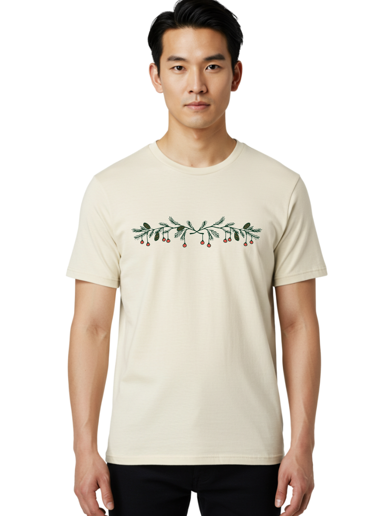 Pine-Branch-With-Berries Men'S Graphic Tee, 100% Cotton, Comfortable Casual Summer Wear, Machine Washable, Pine Branch, Pine Cones, Red Berries, Festive Decorations, Christmas Theme, Holiday Decor, Winter Elements, Seasonal Design Aab036 30