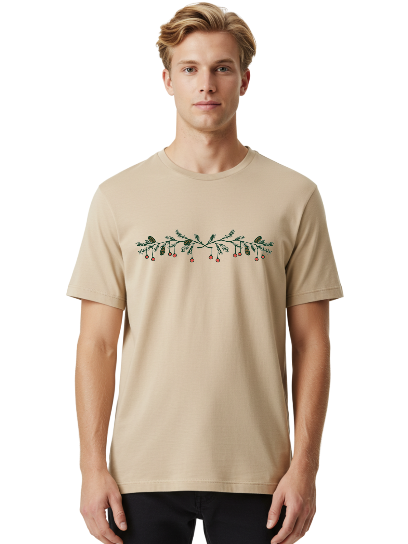 Pine-Branch-With-Berries Men'S Graphic Tee, 100% Cotton, Comfortable Casual Summer Wear, Machine Washable, Pine Branch, Pine Cones, Red Berries, Festive Decorations, Christmas Theme, Holiday Decor, Winter Elements, Seasonal Design Aab036 4