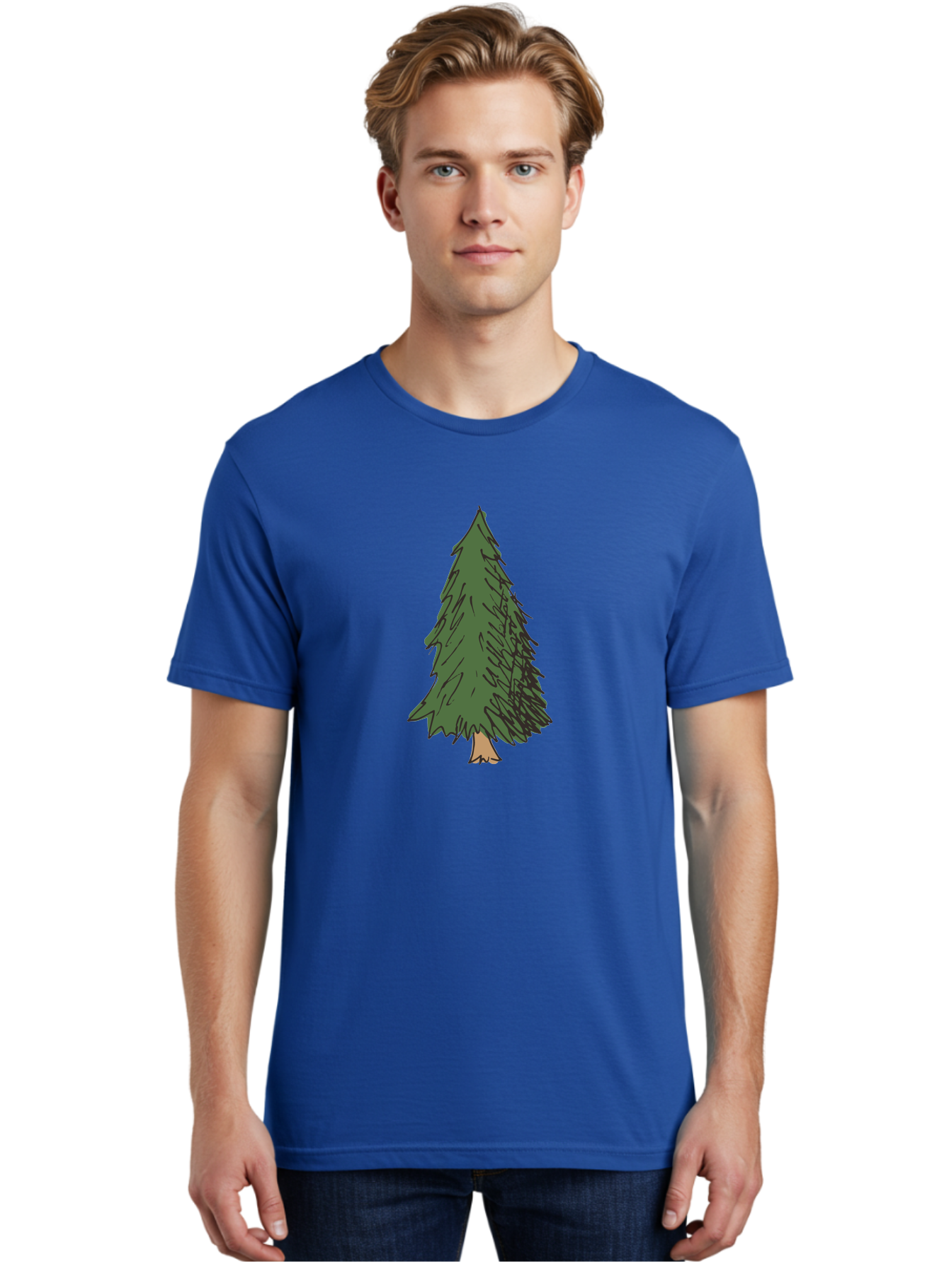 Pine-Tree-2 Men'S Graphic Tee, 100% Cotton, Comfortable Casual Summer Wear, Machine Washable, Evergreen Tree, Pine Tree, Cartoon Illustration, Simple Drawing, Green Foliage, Tree Trunk, Forest Art, Digital Graphics Aab041 26