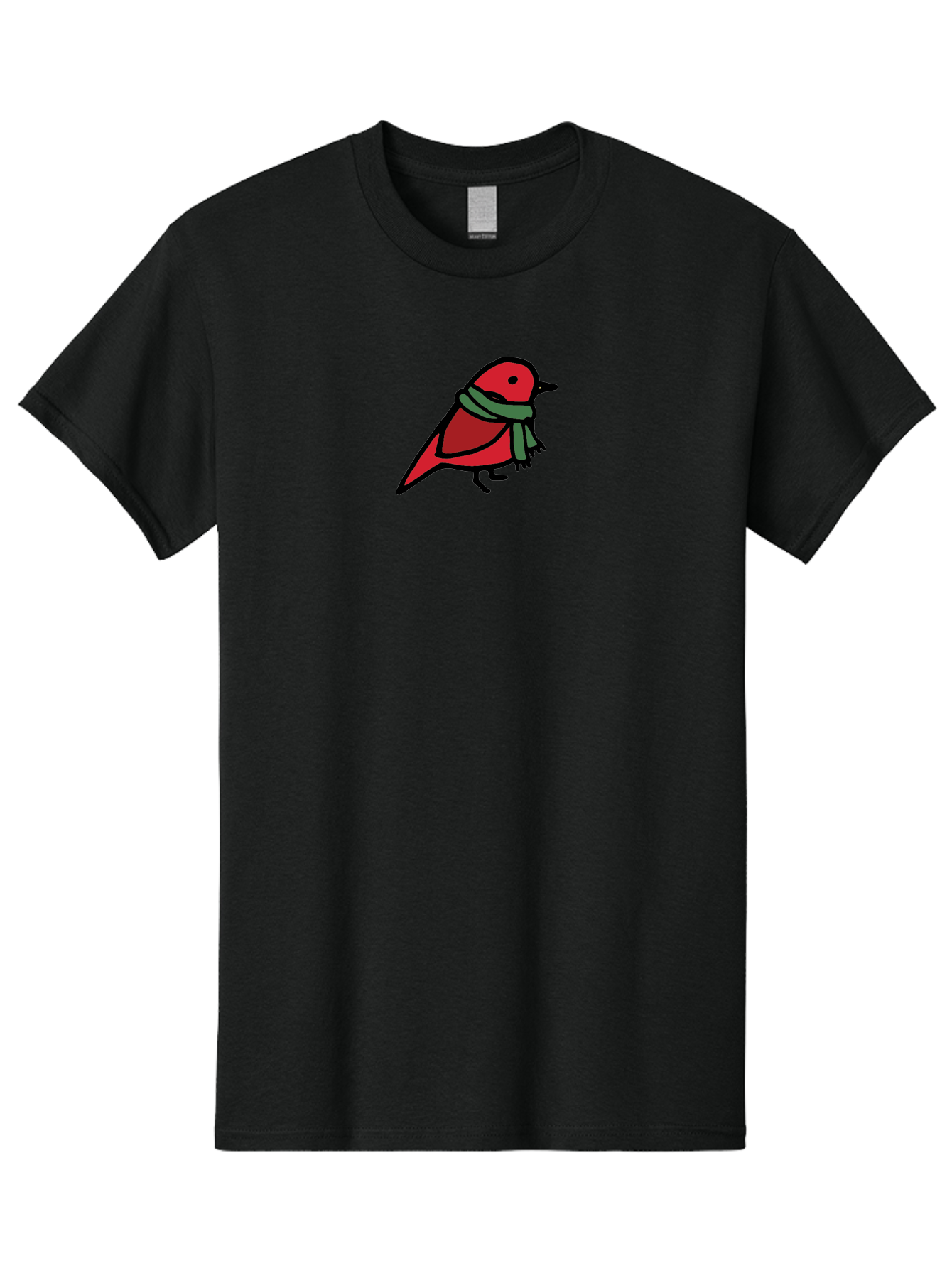 Red-Bird-With-Grey-Scarf Men'S Graphic Tee, 100% Cotton, Comfortable Casual Summer Wear, Machine Washable, Red Bird, Cartoon Style, Green Scarf, Black Outlines, Winter Theme, Festive, Charming, Simple Design, Playful, Cute Aab064 3