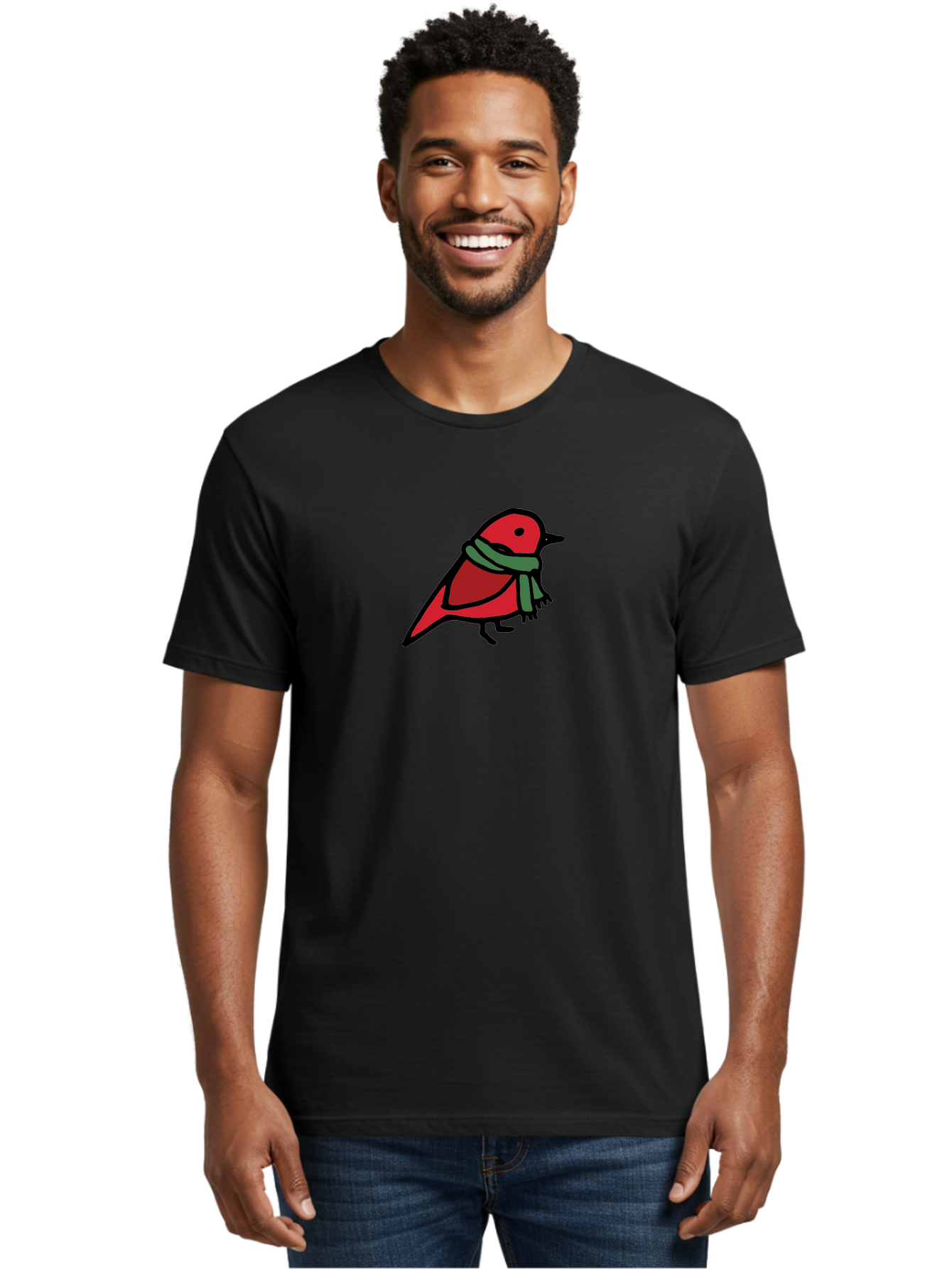 Red-Bird-With-Grey-Scarf Men'S Graphic Tee, 100% Cotton, Comfortable Casual Summer Wear, Machine Washable, Red Bird, Cartoon Style, Green Scarf, Black Outlines, Winter Theme, Festive, Charming, Simple Design, Playful, Cute Aab064 4