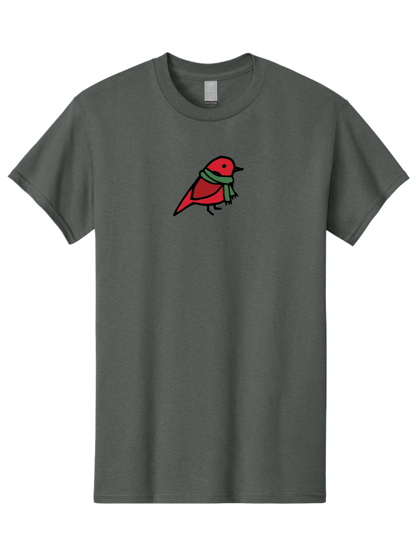 Red-Bird-With-Grey-Scarf Men'S Graphic Tee, 100% Cotton, Comfortable Casual Summer Wear, Machine Washable, Red Bird, Cartoon Style, Green Scarf, Black Outlines, Winter Theme, Festive, Charming, Simple Design, Playful, Cute Aab064 27