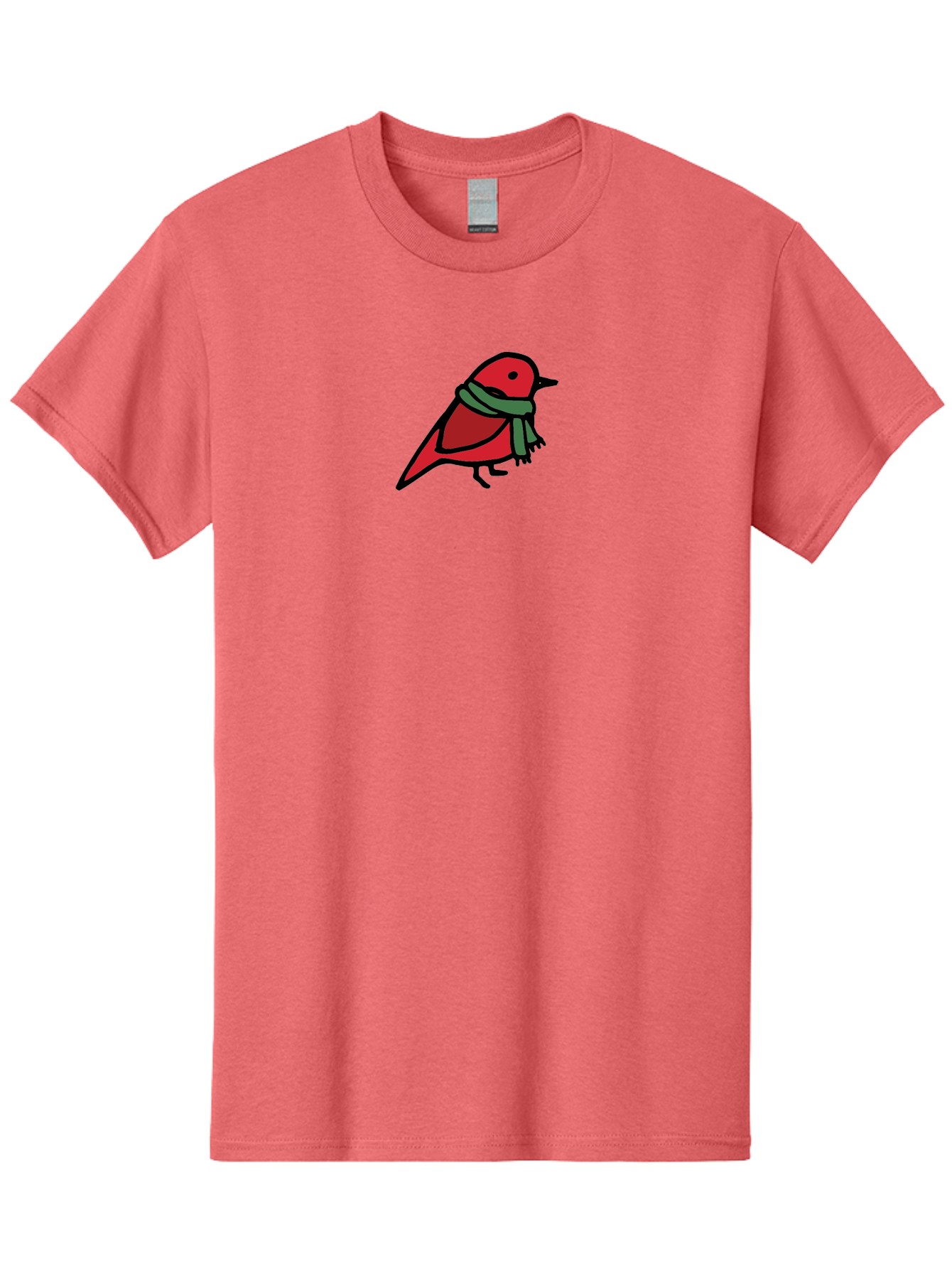 Red-Bird-With-Grey-Scarf Men'S Graphic Tee, 100% Cotton, Comfortable Casual Summer Wear, Machine Washable, Red Bird, Cartoon Style, Green Scarf, Black Outlines, Winter Theme, Festive, Charming, Simple Design, Playful, Cute Aab064 23