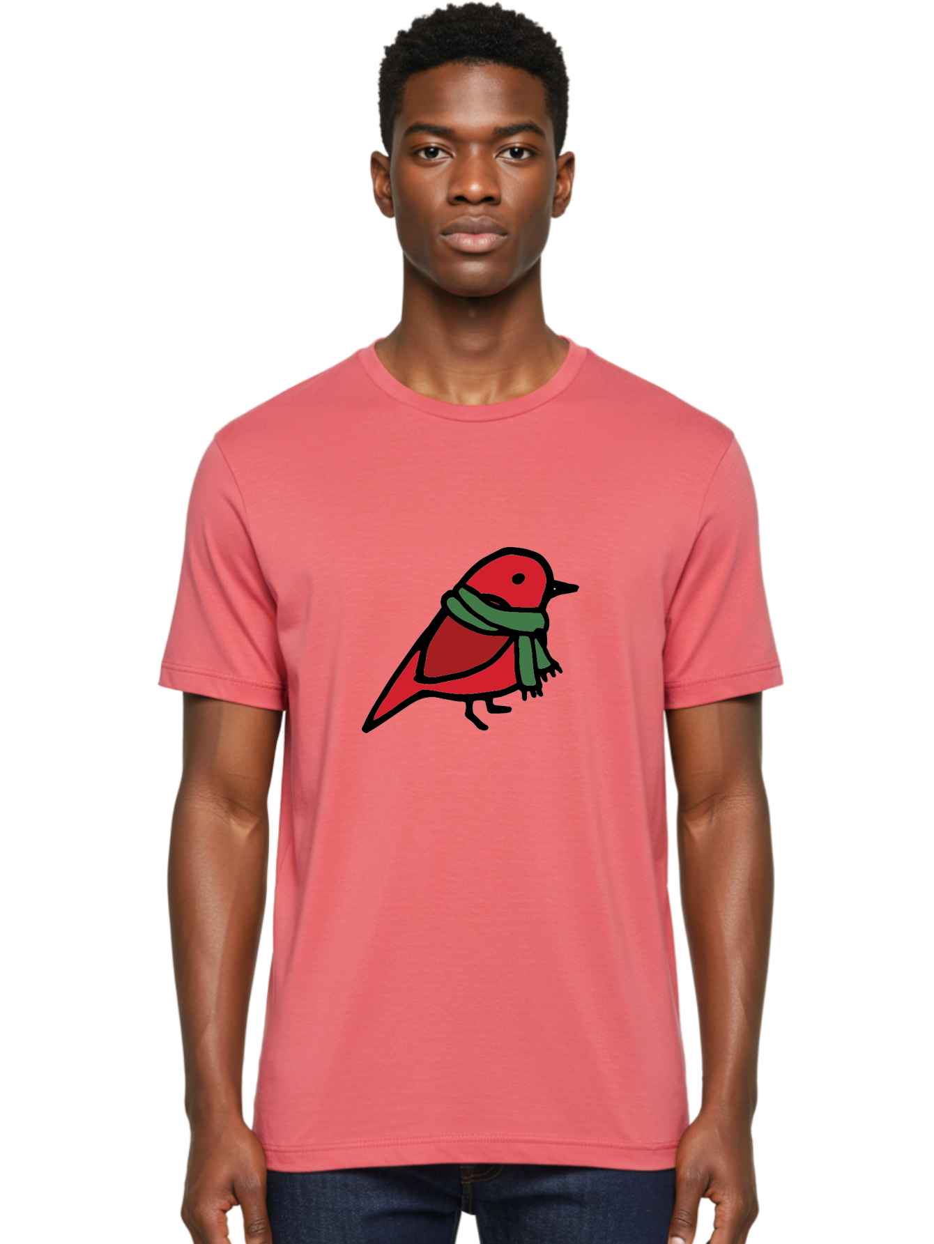 Red-Bird-With-Grey-Scarf Men'S Graphic Tee, 100% Cotton, Comfortable Casual Summer Wear, Machine Washable, Red Bird, Cartoon Style, Green Scarf, Black Outlines, Winter Theme, Festive, Charming, Simple Design, Playful, Cute Aab064 24