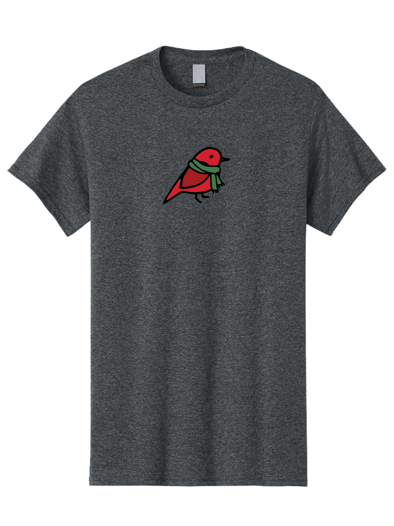 Red-Bird-With-Grey-Scarf Men'S Graphic Tee, 100% Cotton, Comfortable Casual Summer Wear, Machine Washable, Red Bird, Cartoon Style, Green Scarf, Black Outlines, Winter Theme, Festive, Charming, Simple Design, Playful, Cute Aab064 13