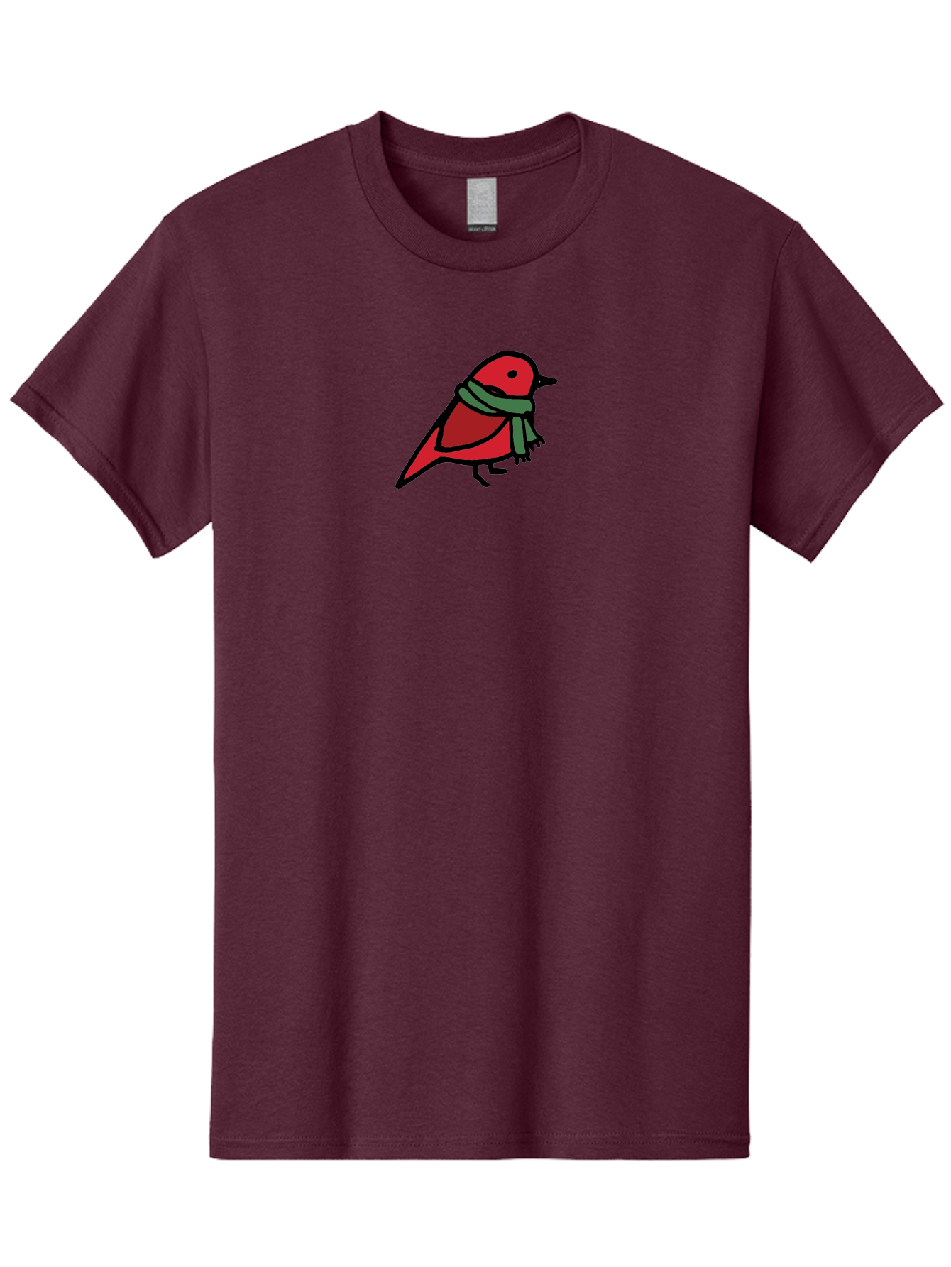 Red-Bird-With-Grey-Scarf Men'S Graphic Tee, 100% Cotton, Comfortable Casual Summer Wear, Machine Washable, Red Bird, Cartoon Style, Green Scarf, Black Outlines, Winter Theme, Festive, Charming, Simple Design, Playful, Cute Aab064 25
