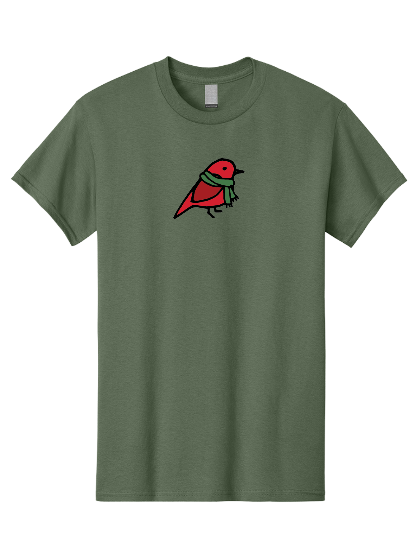 Red-Bird-With-Grey-Scarf Men'S Graphic Tee, 100% Cotton, Comfortable Casual Summer Wear, Machine Washable, Red Bird, Cartoon Style, Green Scarf, Black Outlines, Winter Theme, Festive, Charming, Simple Design, Playful, Cute Aab064 5