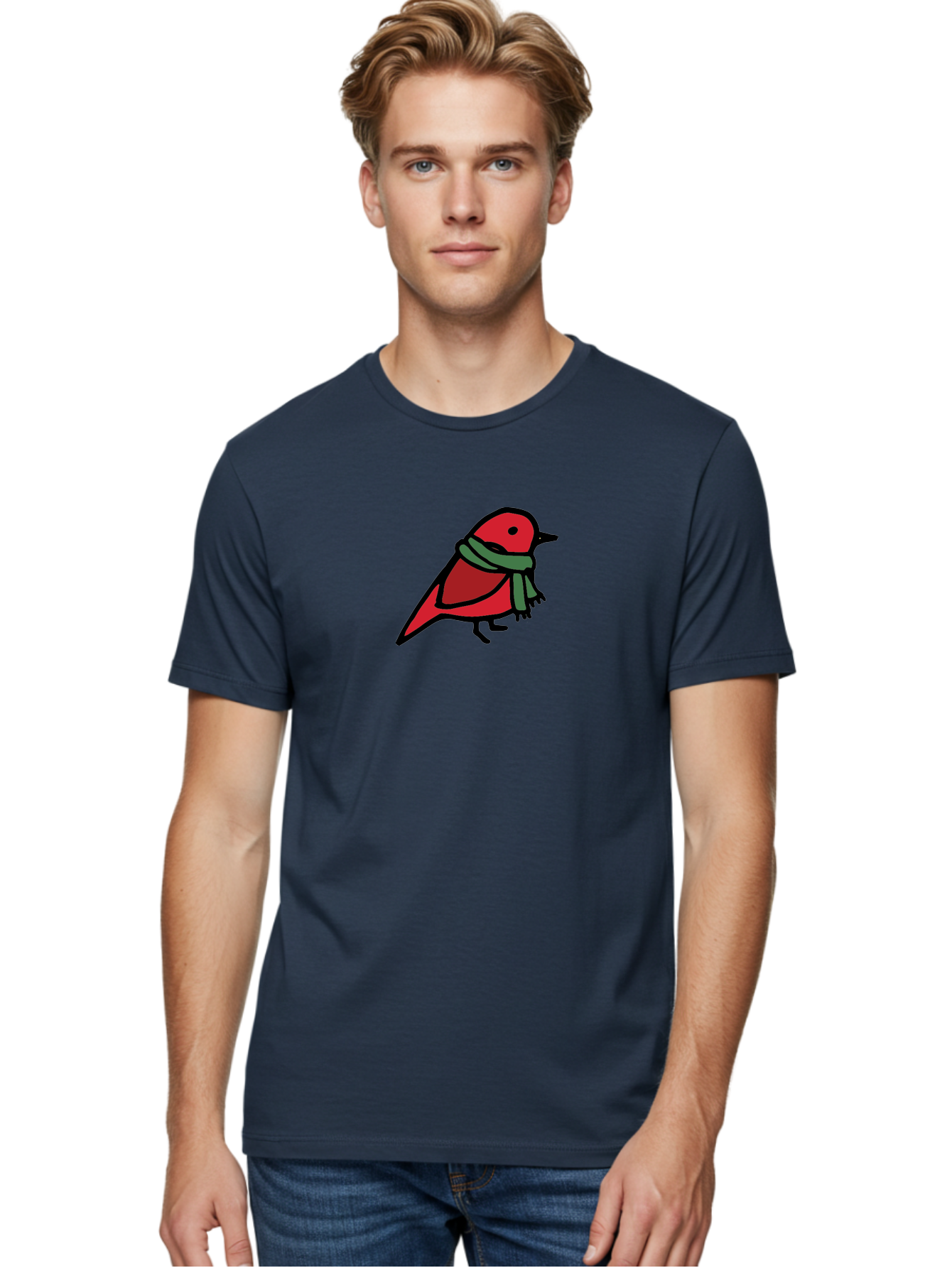 Red-Bird-With-Grey-Scarf Men'S Graphic Tee, 100% Cotton, Comfortable Casual Summer Wear, Machine Washable, Red Bird, Cartoon Style, Green Scarf, Black Outlines, Winter Theme, Festive, Charming, Simple Design, Playful, Cute Aab064 10
