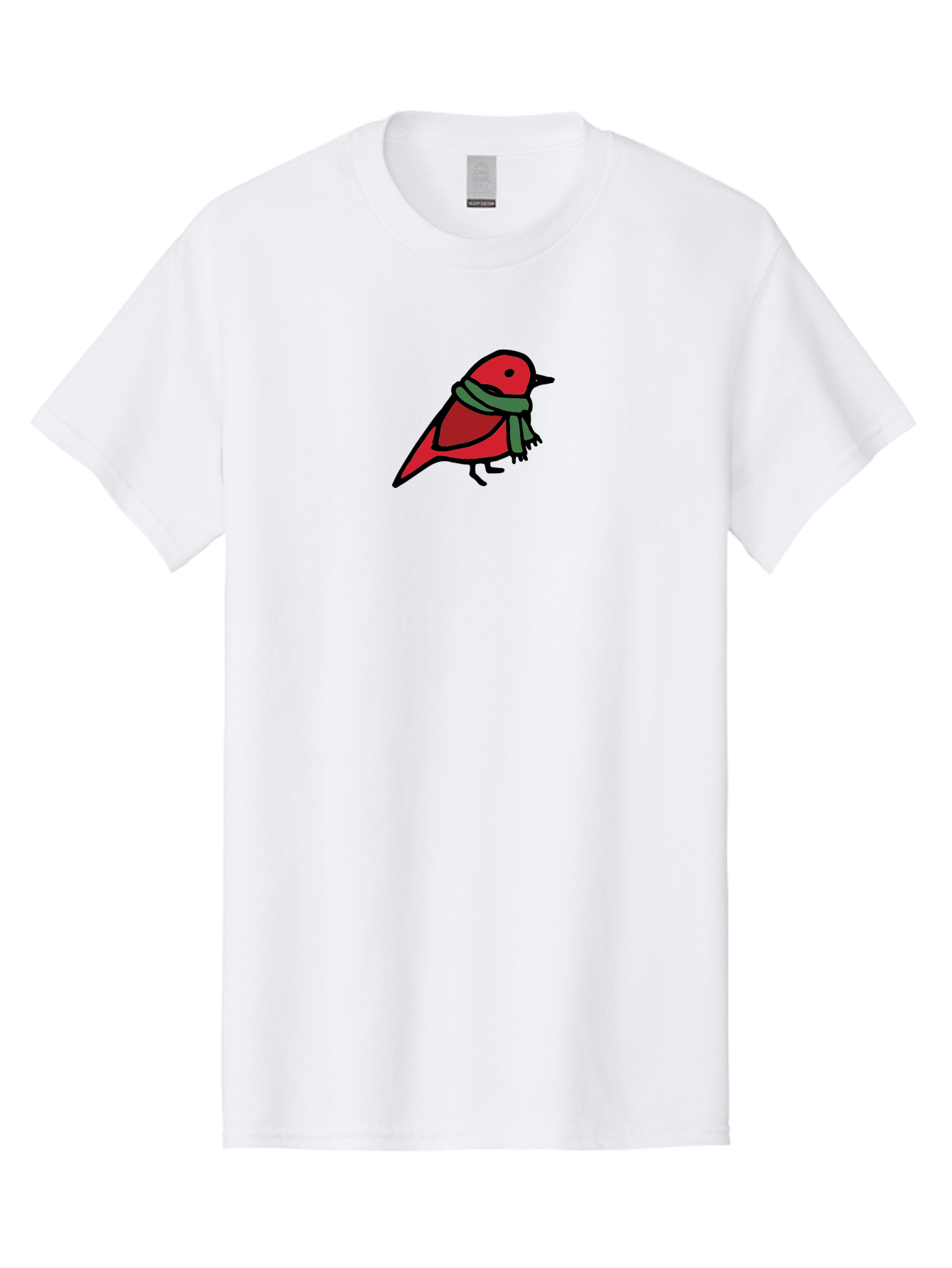 Red-Bird-With-Grey-Scarf Men'S Graphic Tee, 100% Cotton, Comfortable Casual Summer Wear, Machine Washable, Red Bird, Cartoon Style, Green Scarf, Black Outlines, Winter Theme, Festive, Charming, Simple Design, Playful, Cute Aab064 15