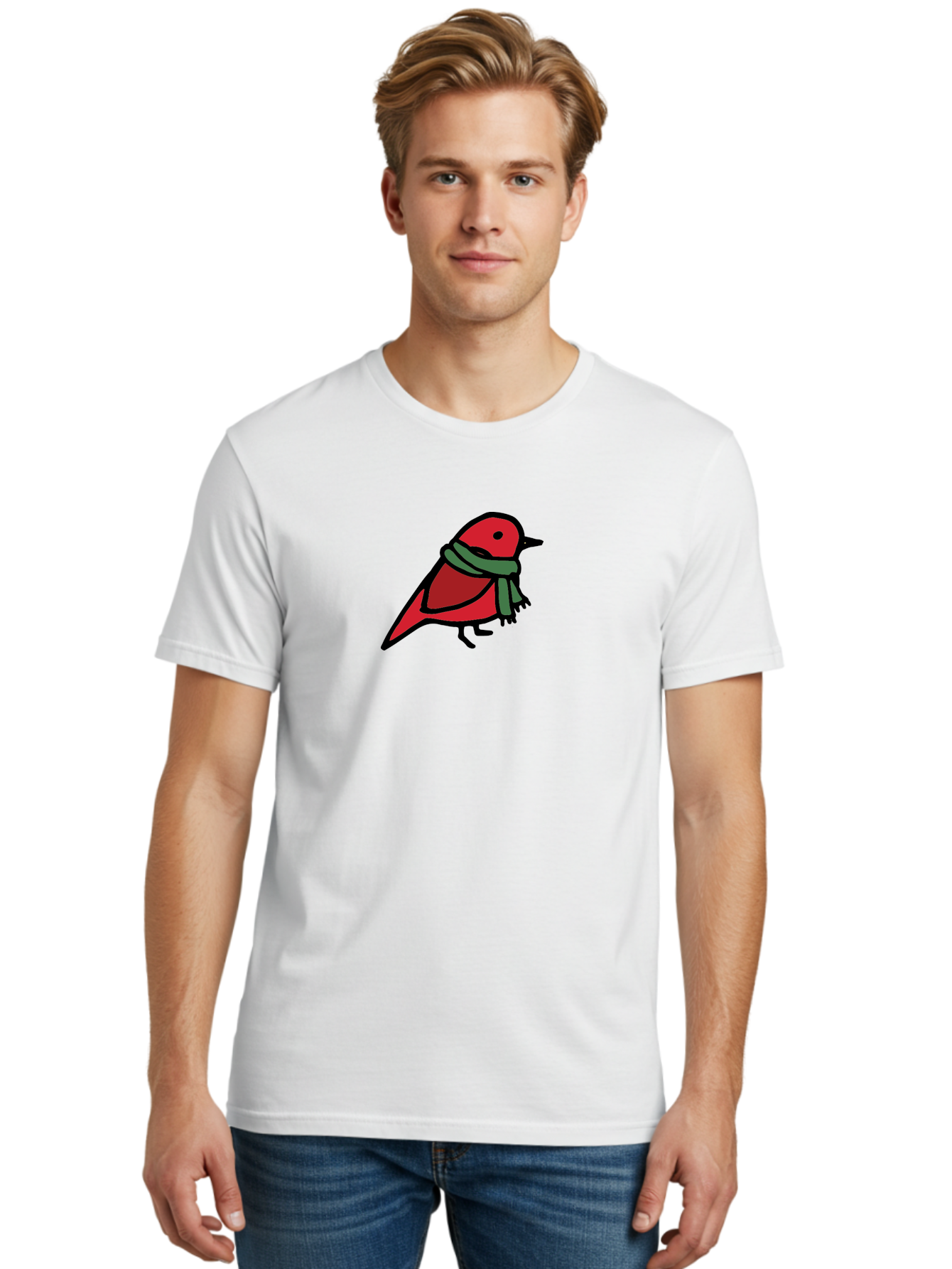 Red-Bird-With-Grey-Scarf Men'S Graphic Tee, 100% Cotton, Comfortable Casual Summer Wear, Machine Washable, Red Bird, Cartoon Style, Green Scarf, Black Outlines, Winter Theme, Festive, Charming, Simple Design, Playful, Cute Aab064 16