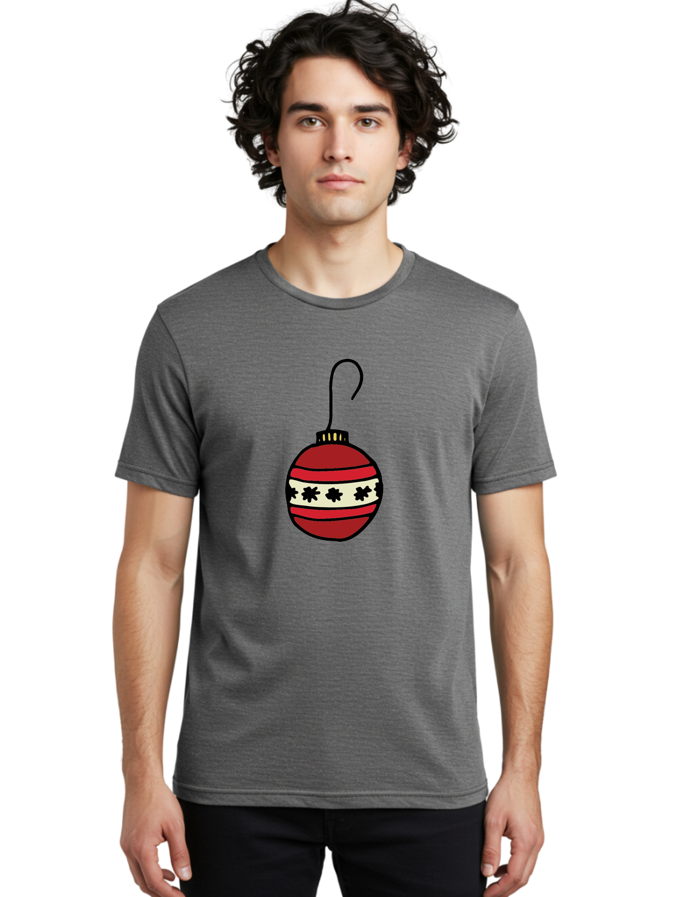 Red-Christmas-Ornament Men'S Graphic Tee, 100% Cotton, Comfortable Casual Summer Wear, Machine Washable, Red Christmas Bauble, Festive Decoration, Holiday Ornament, Black And White Pattern, Snowflake Design, Christmas Tree Decor, Aab076 28