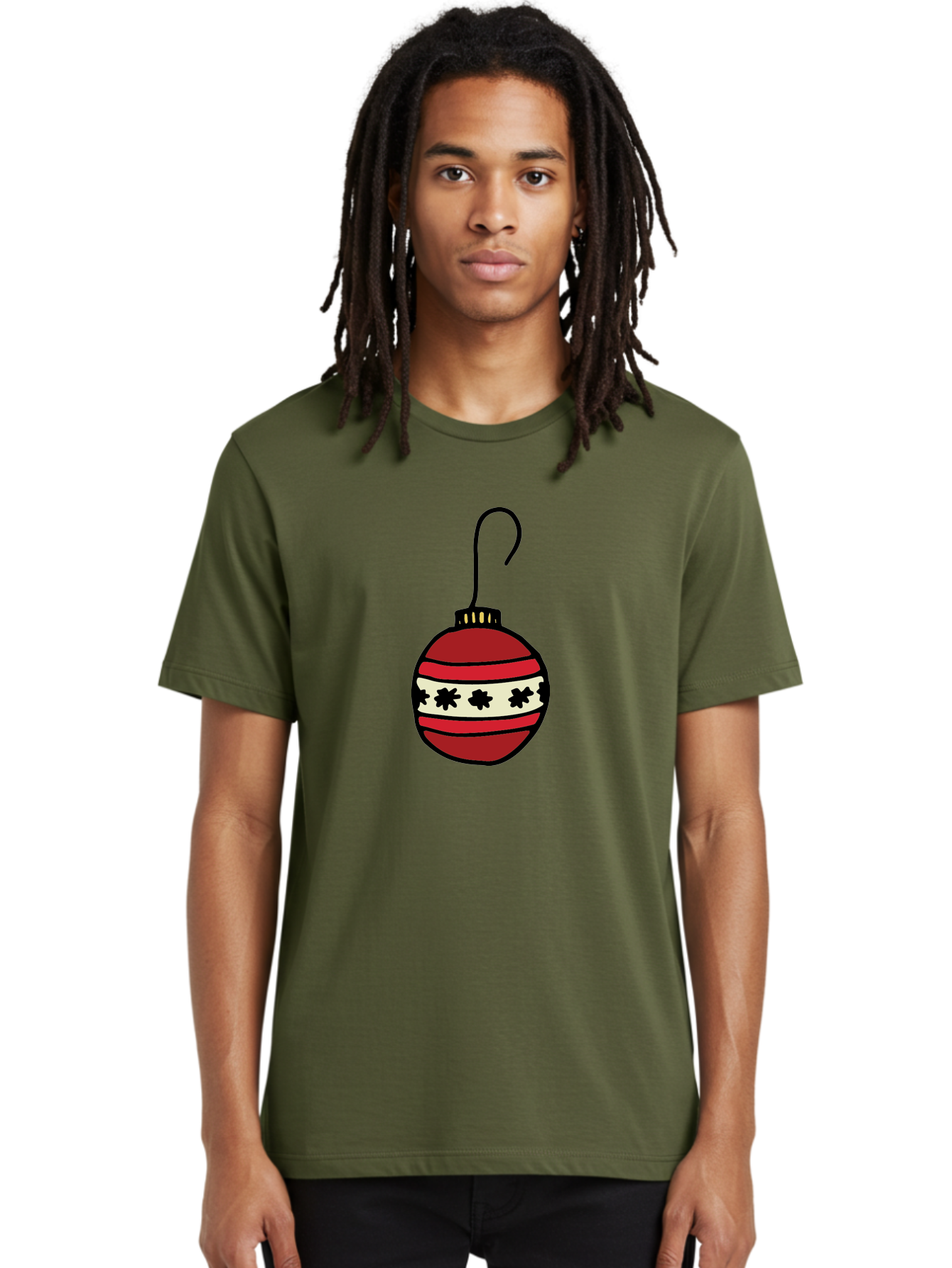 Red-Christmas-Ornament Men'S Graphic Tee, 100% Cotton, Comfortable Casual Summer Wear, Machine Washable, Red Christmas Bauble, Festive Decoration, Holiday Ornament, Black And White Pattern, Snowflake Design, Christmas Tree Decor, Aab076 14