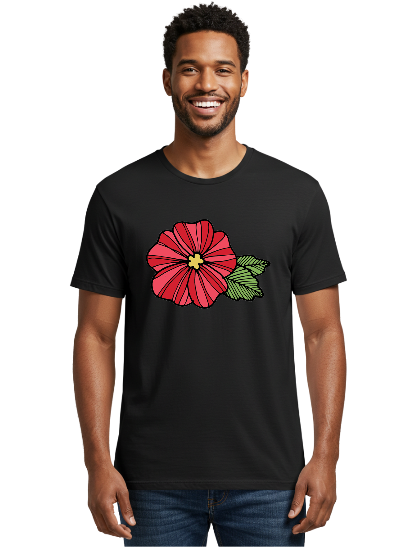 Red-Flower Men'S Graphic Tee, 100% Cotton, Comfortable Casual Summer Wear, Machine Washable, Red Flower, Yellow Center, Green Leaves, Floral Design, Vibrant Petals, Simple Illustration, Cartoon Style, Botanical Art Aab080 2