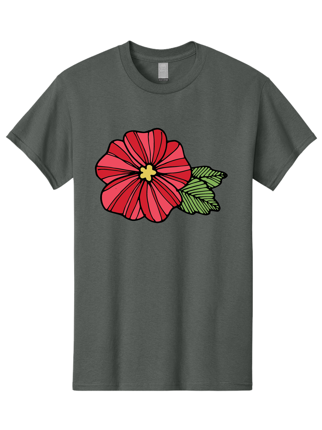 Red-Flower Men'S Graphic Tee, 100% Cotton, Comfortable Casual Summer Wear, Machine Washable, Red Flower, Yellow Center, Green Leaves, Floral Design, Vibrant Petals, Simple Illustration, Cartoon Style, Botanical Art Aab080 3