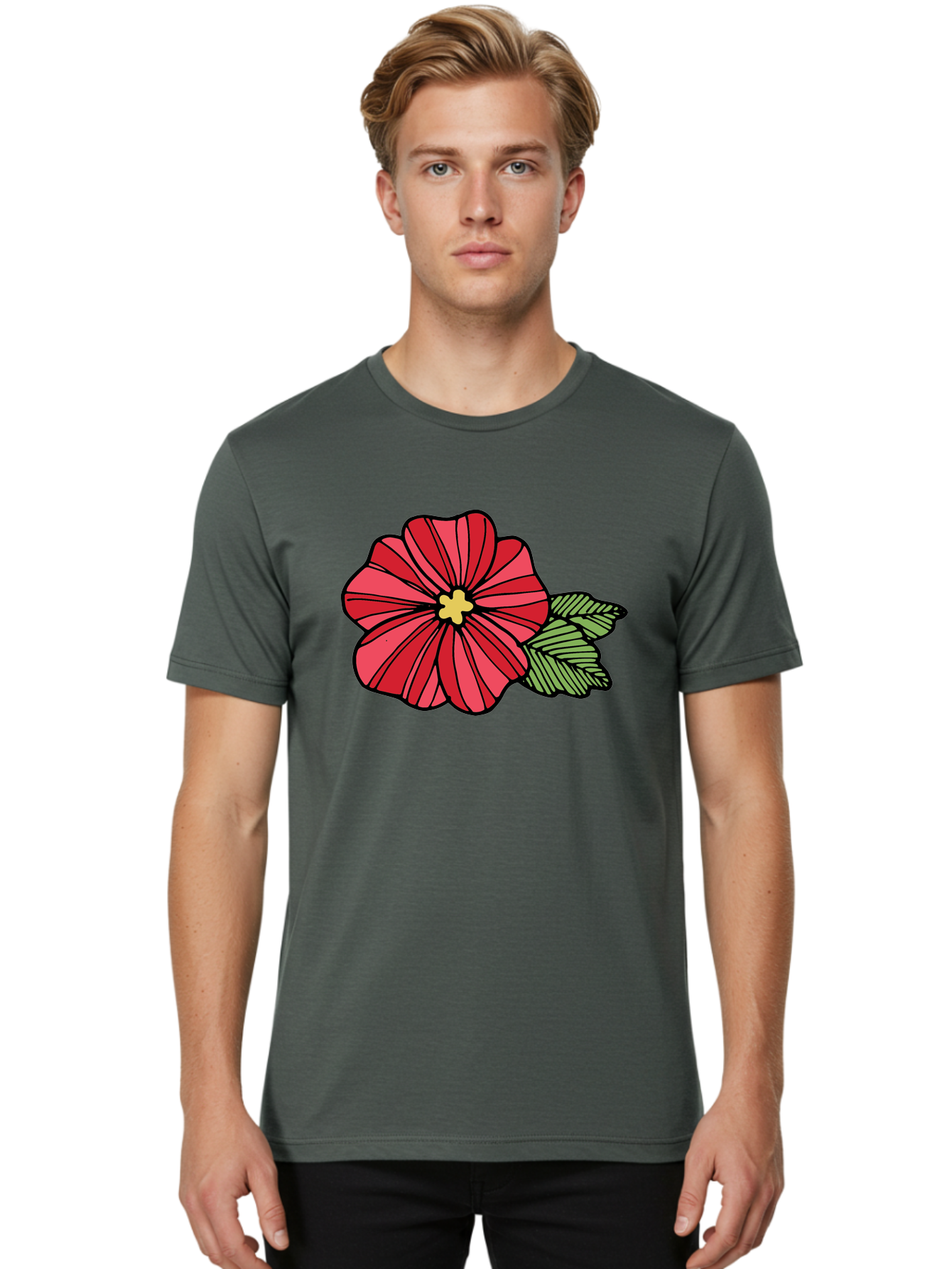 Red-Flower Men'S Graphic Tee, 100% Cotton, Comfortable Casual Summer Wear, Machine Washable, Red Flower, Yellow Center, Green Leaves, Floral Design, Vibrant Petals, Simple Illustration, Cartoon Style, Botanical Art Aab080 4