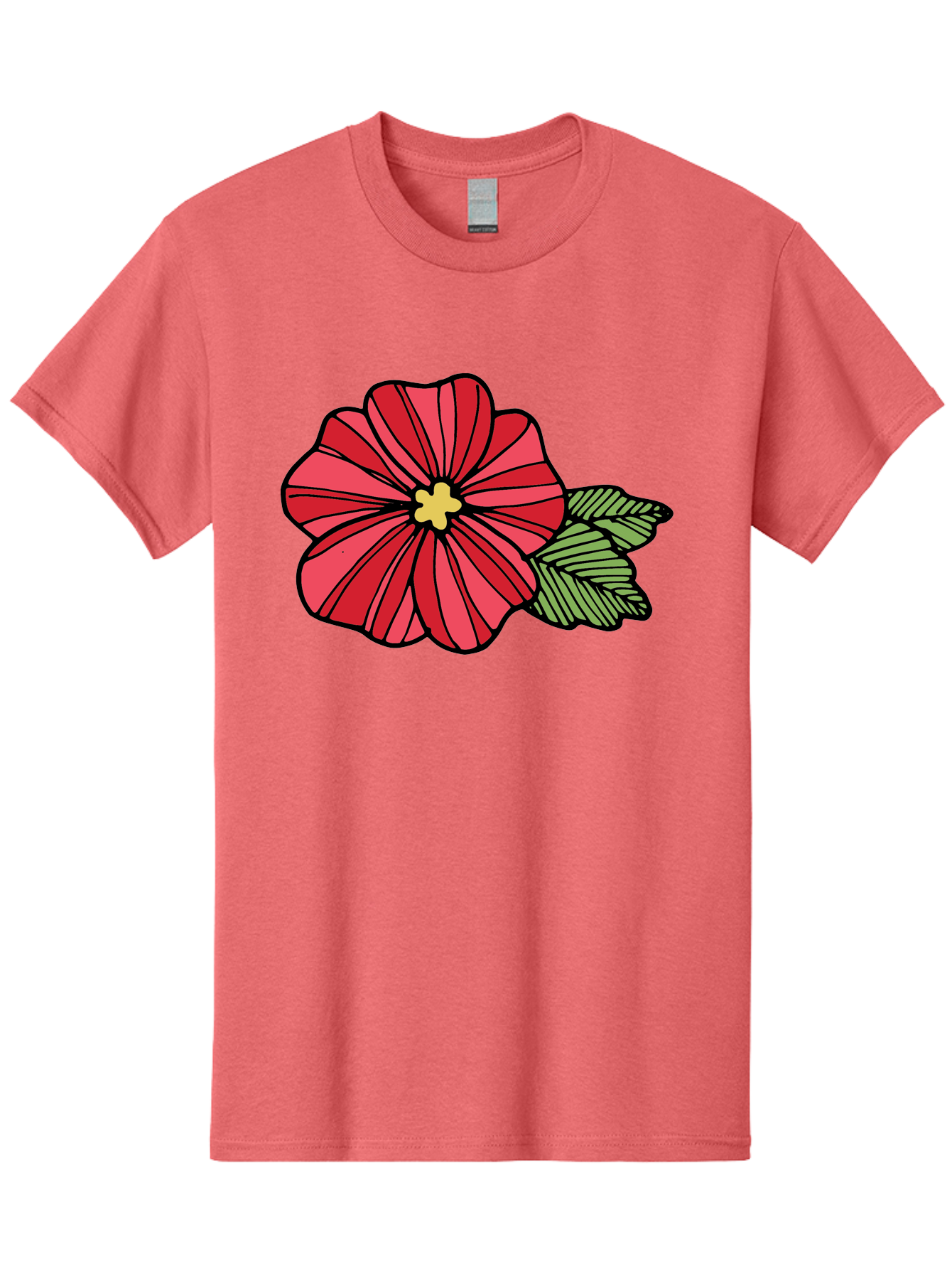 Red-Flower Men'S Graphic Tee, 100% Cotton, Comfortable Casual Summer Wear, Machine Washable, Red Flower, Yellow Center, Green Leaves, Floral Design, Vibrant Petals, Simple Illustration, Cartoon Style, Botanical Art Aab080 5