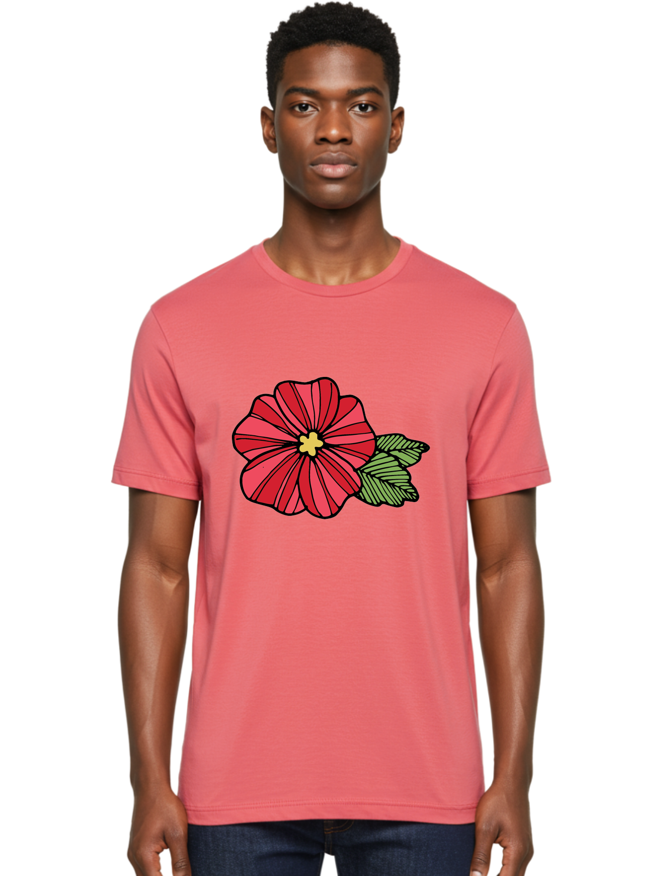 Red-Flower Men'S Graphic Tee, 100% Cotton, Comfortable Casual Summer Wear, Machine Washable, Red Flower, Yellow Center, Green Leaves, Floral Design, Vibrant Petals, Simple Illustration, Cartoon Style, Botanical Art Aab080 6