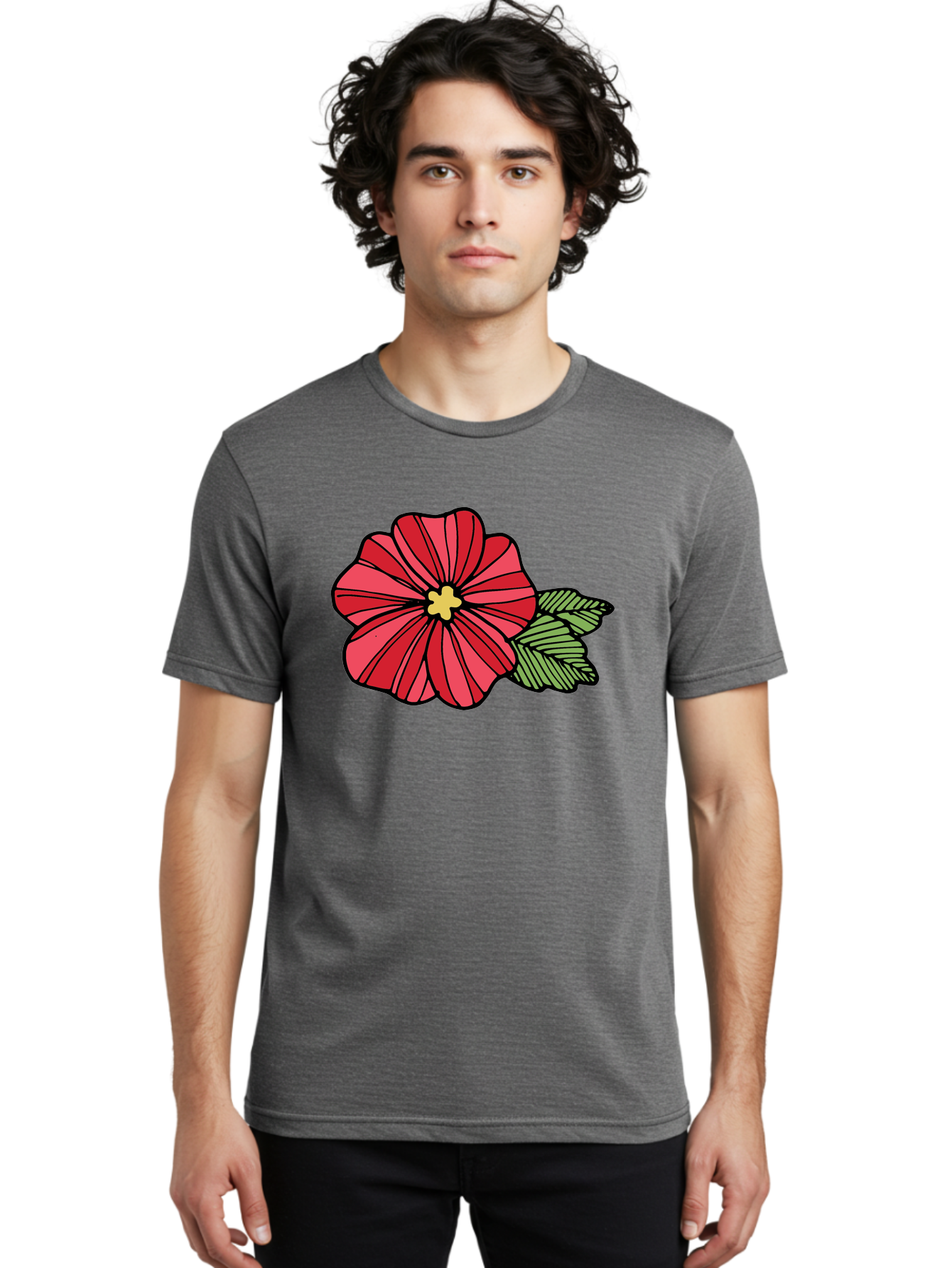 Red-Flower Men'S Graphic Tee, 100% Cotton, Comfortable Casual Summer Wear, Machine Washable, Red Flower, Yellow Center, Green Leaves, Floral Design, Vibrant Petals, Simple Illustration, Cartoon Style, Botanical Art Aab080 10