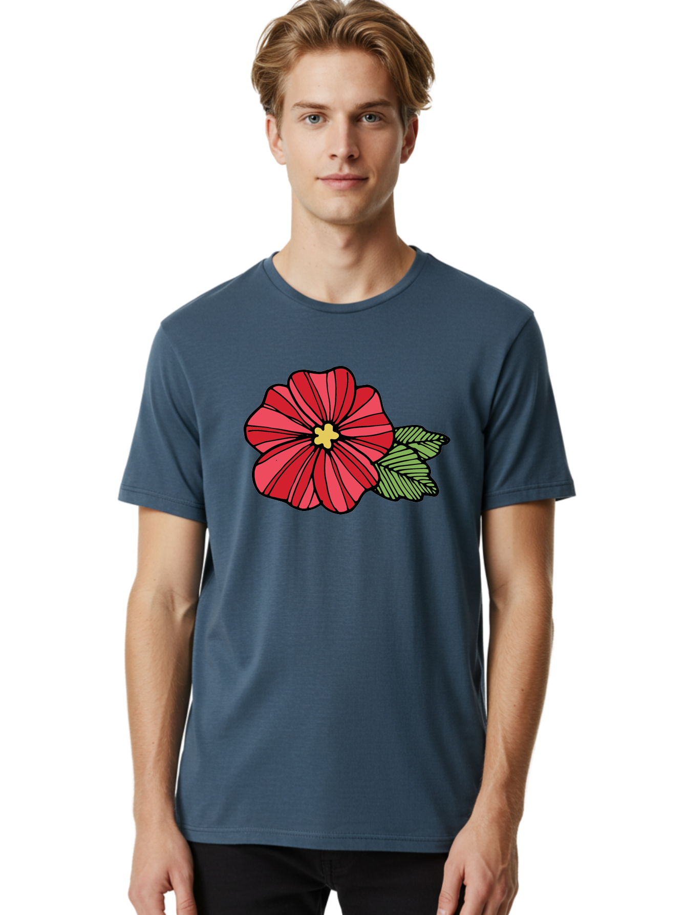 Red-Flower Men'S Graphic Tee, 100% Cotton, Comfortable Casual Summer Wear, Machine Washable, Red Flower, Yellow Center, Green Leaves, Floral Design, Vibrant Petals, Simple Illustration, Cartoon Style, Botanical Art Aab080 12