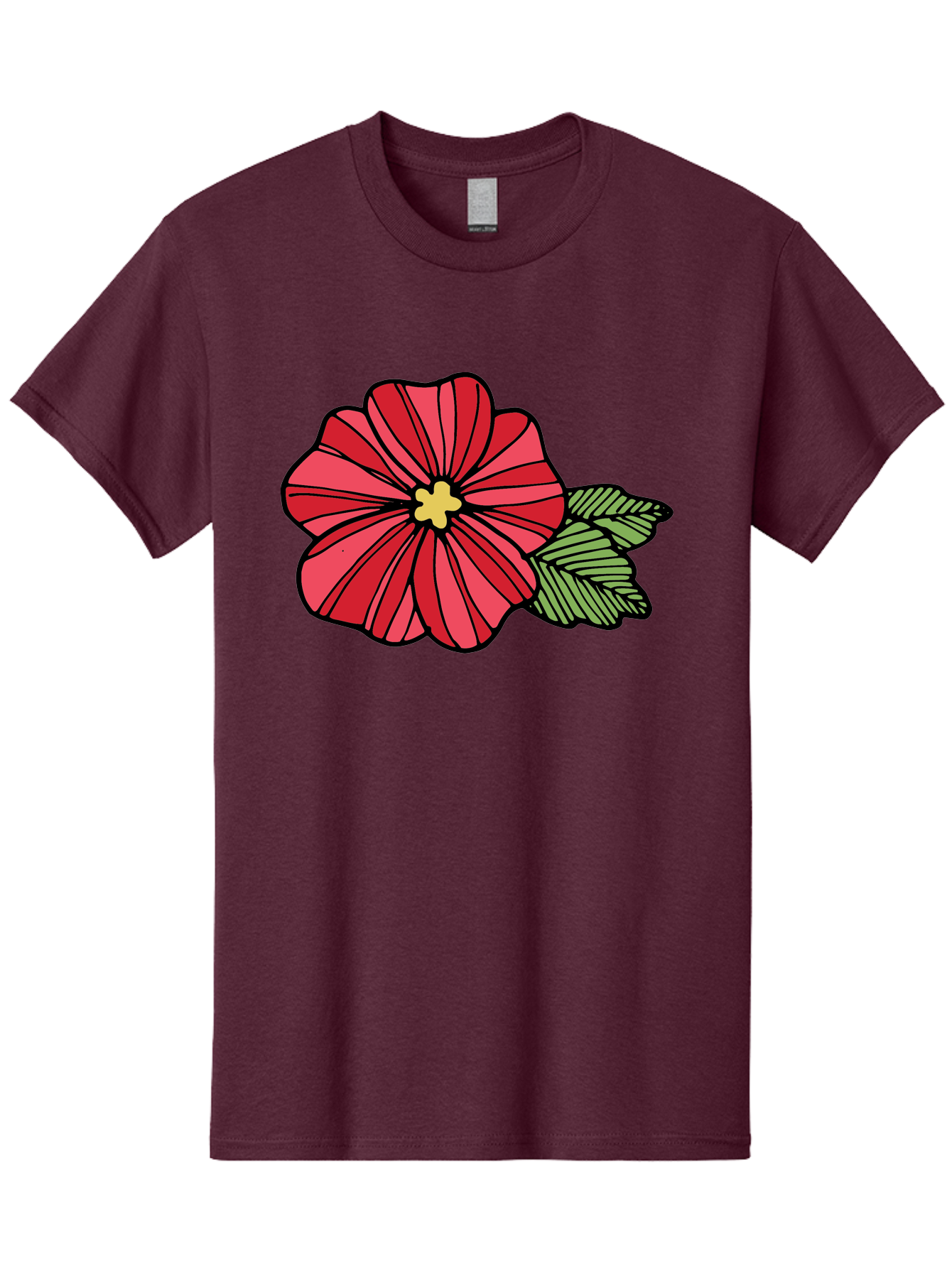 Red-Flower Men'S Graphic Tee, 100% Cotton, Comfortable Casual Summer Wear, Machine Washable, Red Flower, Yellow Center, Green Leaves, Floral Design, Vibrant Petals, Simple Illustration, Cartoon Style, Botanical Art Aab080 13