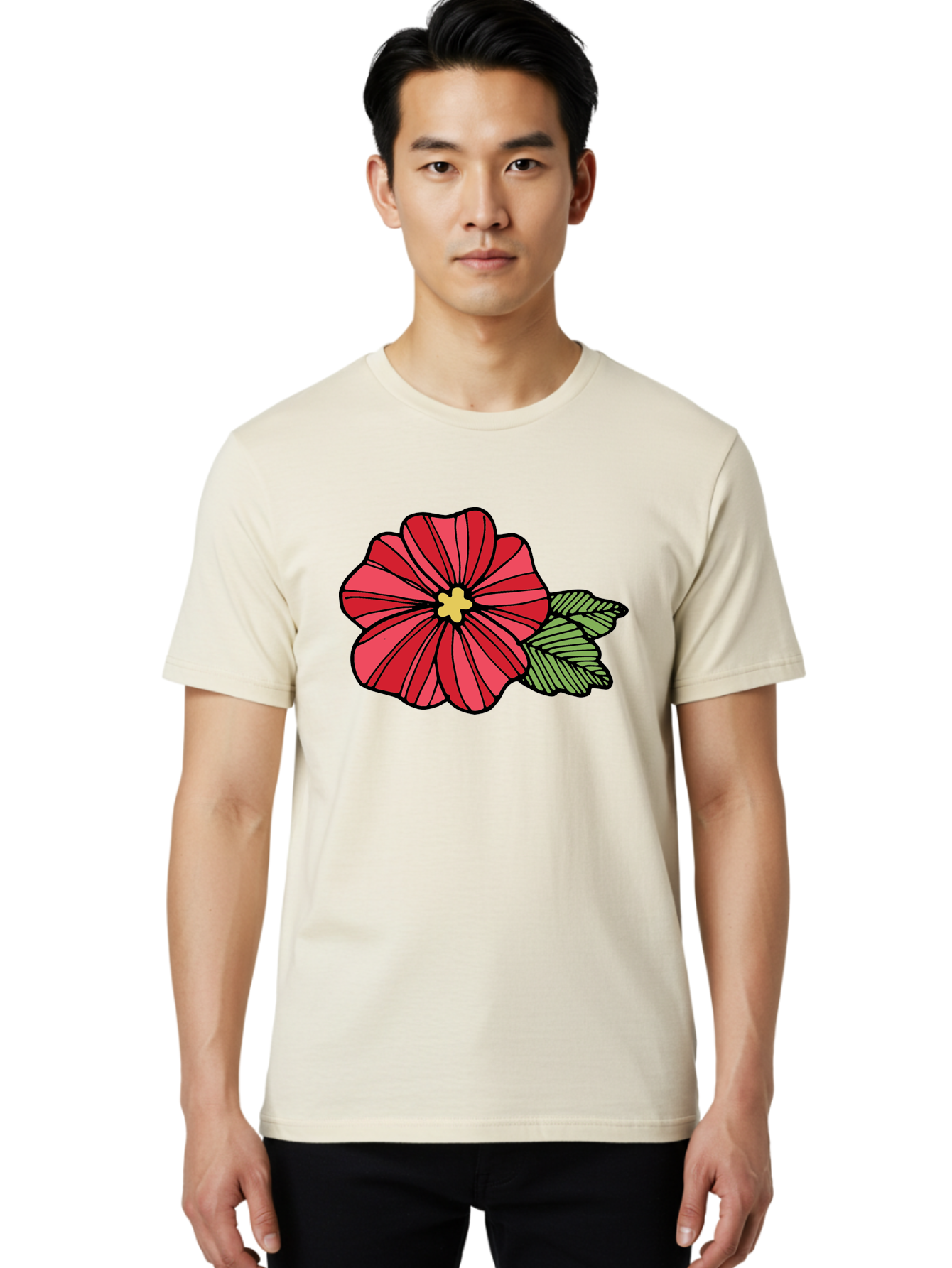 Red-Flower Men'S Graphic Tee, 100% Cotton, Comfortable Casual Summer Wear, Machine Washable, Red Flower, Yellow Center, Green Leaves, Floral Design, Vibrant Petals, Simple Illustration, Cartoon Style, Botanical Art Aab080 18