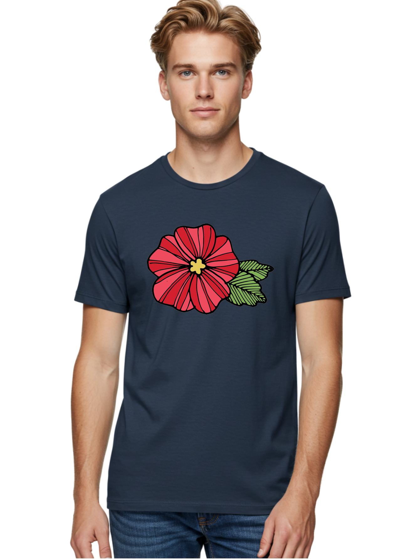 Red-Flower Men'S Graphic Tee, 100% Cotton, Comfortable Casual Summer Wear, Machine Washable, Red Flower, Yellow Center, Green Leaves, Floral Design, Vibrant Petals, Simple Illustration, Cartoon Style, Botanical Art Aab080 20