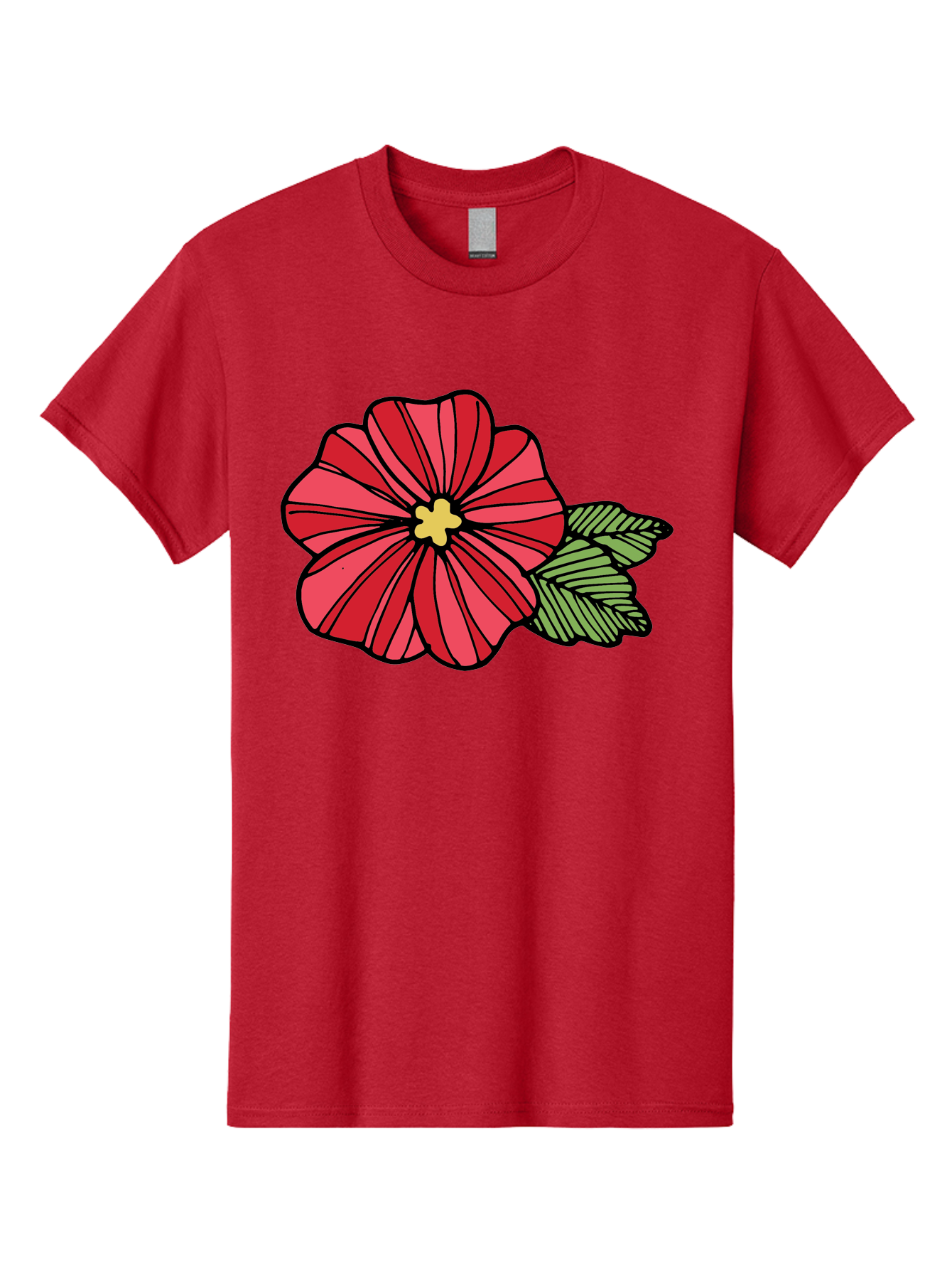 Red-Flower Men'S Graphic Tee, 100% Cotton, Comfortable Casual Summer Wear, Machine Washable, Red Flower, Yellow Center, Green Leaves, Floral Design, Vibrant Petals, Simple Illustration, Cartoon Style, Botanical Art Aab080 23