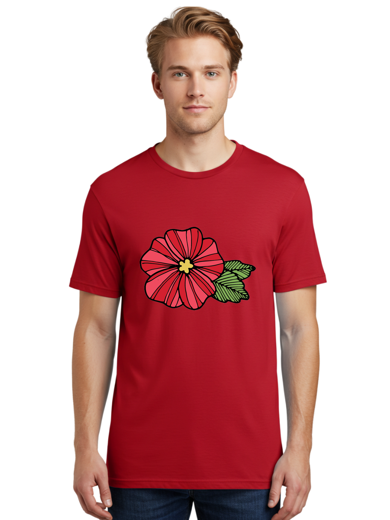 Red-Flower Men'S Graphic Tee, 100% Cotton, Comfortable Casual Summer Wear, Machine Washable, Red Flower, Yellow Center, Green Leaves, Floral Design, Vibrant Petals, Simple Illustration, Cartoon Style, Botanical Art Aab080 24