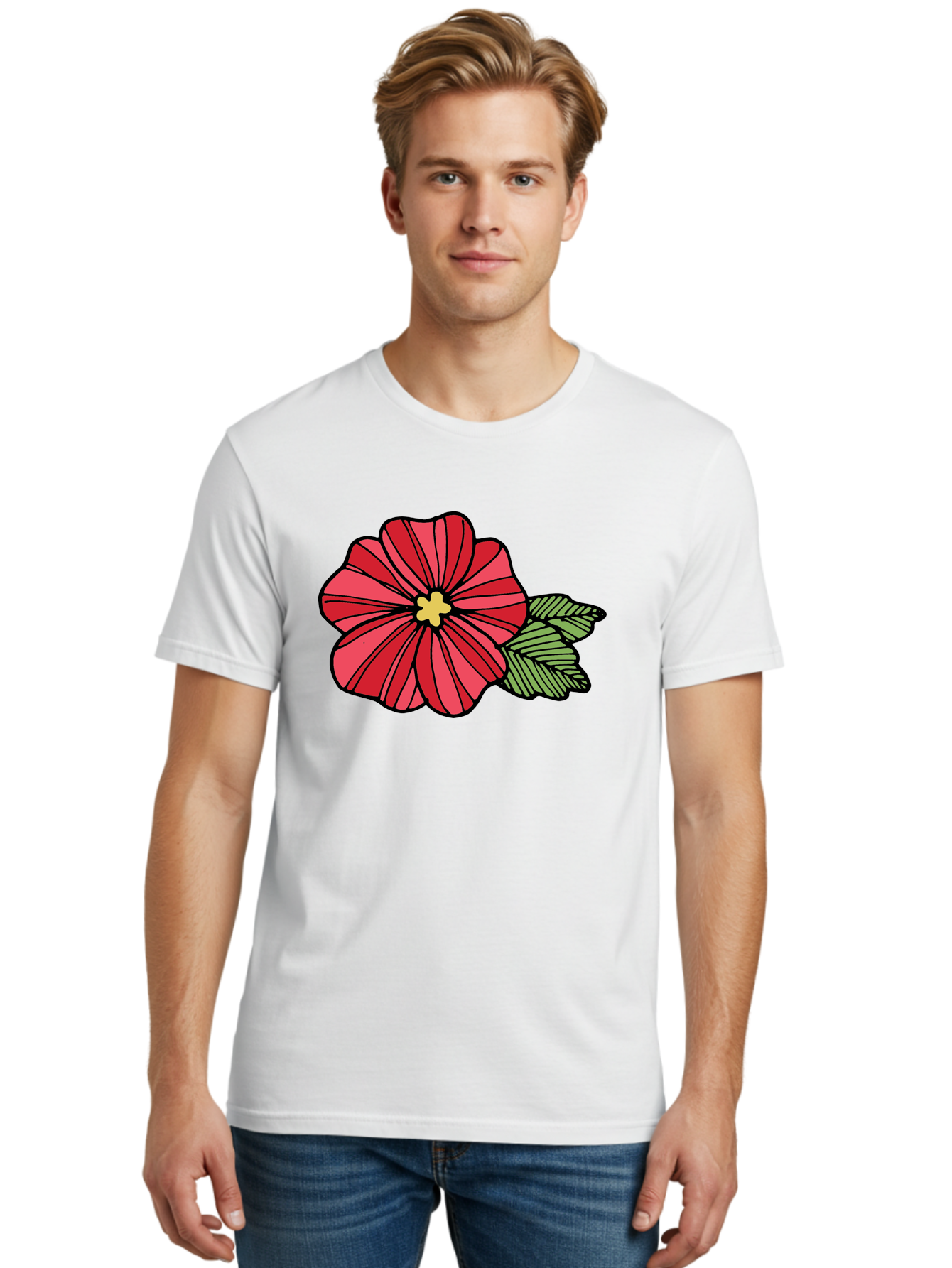 Red-Flower Men'S Graphic Tee, 100% Cotton, Comfortable Casual Summer Wear, Machine Washable, Red Flower, Yellow Center, Green Leaves, Floral Design, Vibrant Petals, Simple Illustration, Cartoon Style, Botanical Art Aab080 30