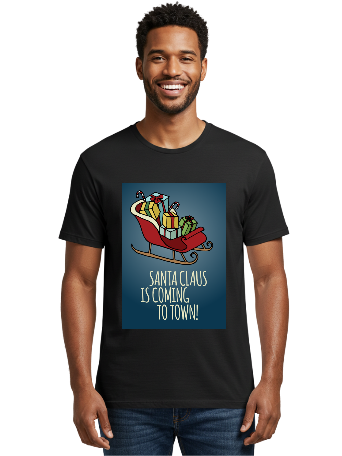Santa-Claus-Is-Coming-To-Town Men'S Graphic Tee, 100% Cotton, Comfortable Casual Summer Wear, Machine Washable, Santa Claus, Christmas Gifts, Holiday Season, Festive Sleigh, Candy Canes, Wrapped Presents, Christmas Magic, Joyful Atmosphere, Aab093 26