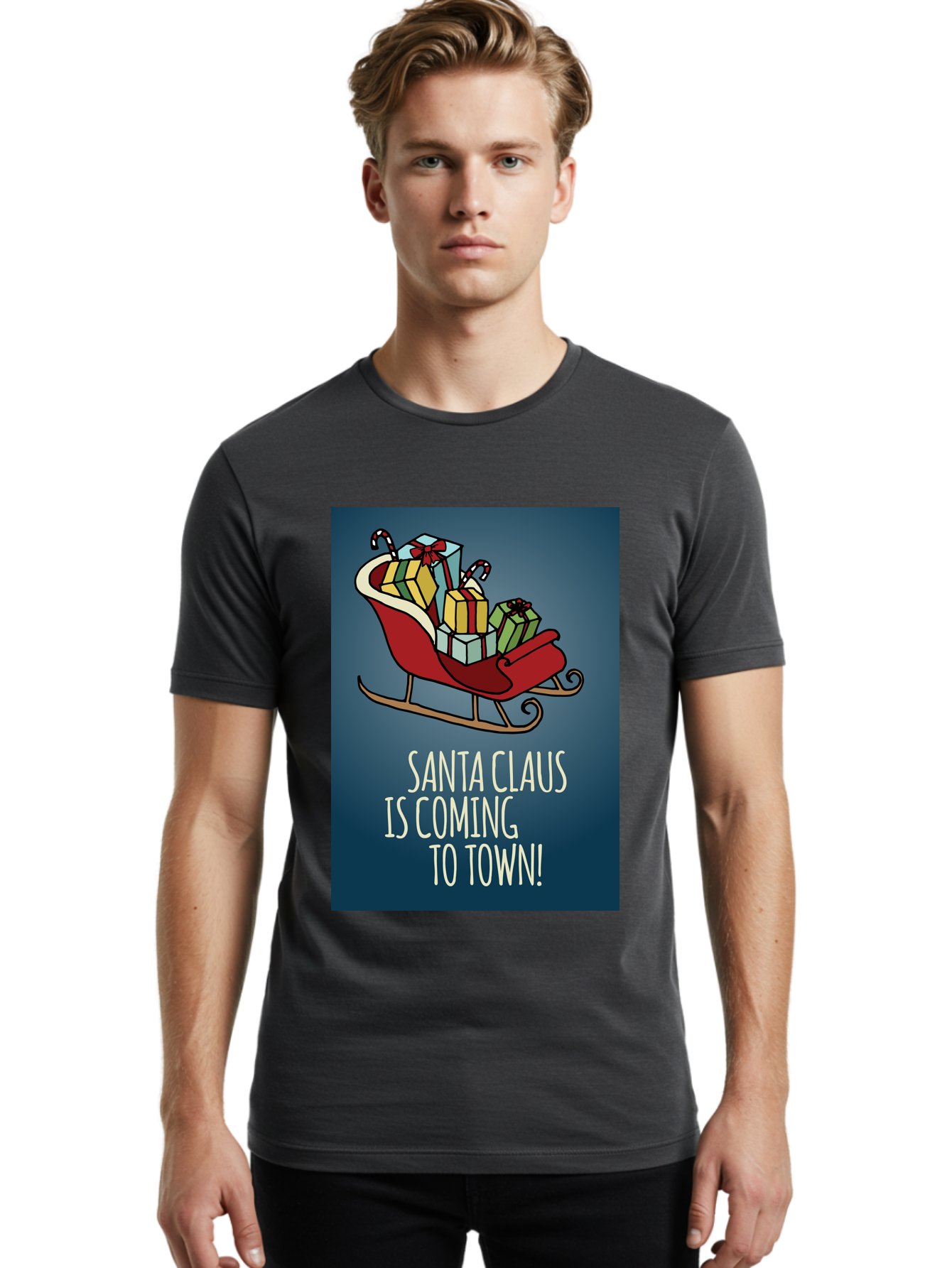 Santa-Claus-Is-Coming-To-Town Men'S Graphic Tee, 100% Cotton, Comfortable Casual Summer Wear, Machine Washable, Santa Claus, Christmas Gifts, Holiday Season, Festive Sleigh, Candy Canes, Wrapped Presents, Christmas Magic, Joyful Atmosphere, Aab093 20