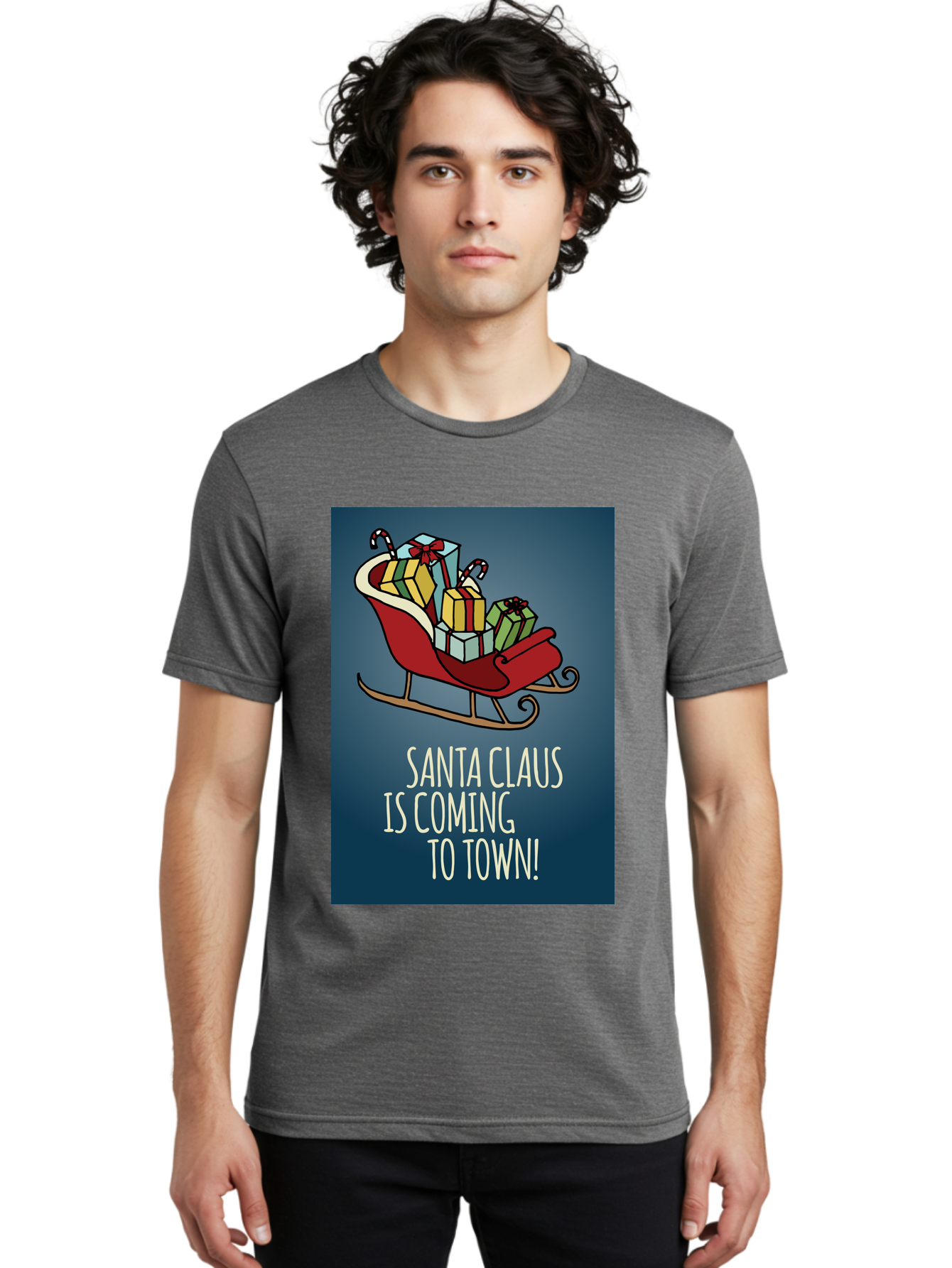 Santa-Claus-Is-Coming-To-Town Men'S Graphic Tee, 100% Cotton, Comfortable Casual Summer Wear, Machine Washable, Santa Claus, Christmas Gifts, Holiday Season, Festive Sleigh, Candy Canes, Wrapped Presents, Christmas Magic, Joyful Atmosphere, Aab093 28