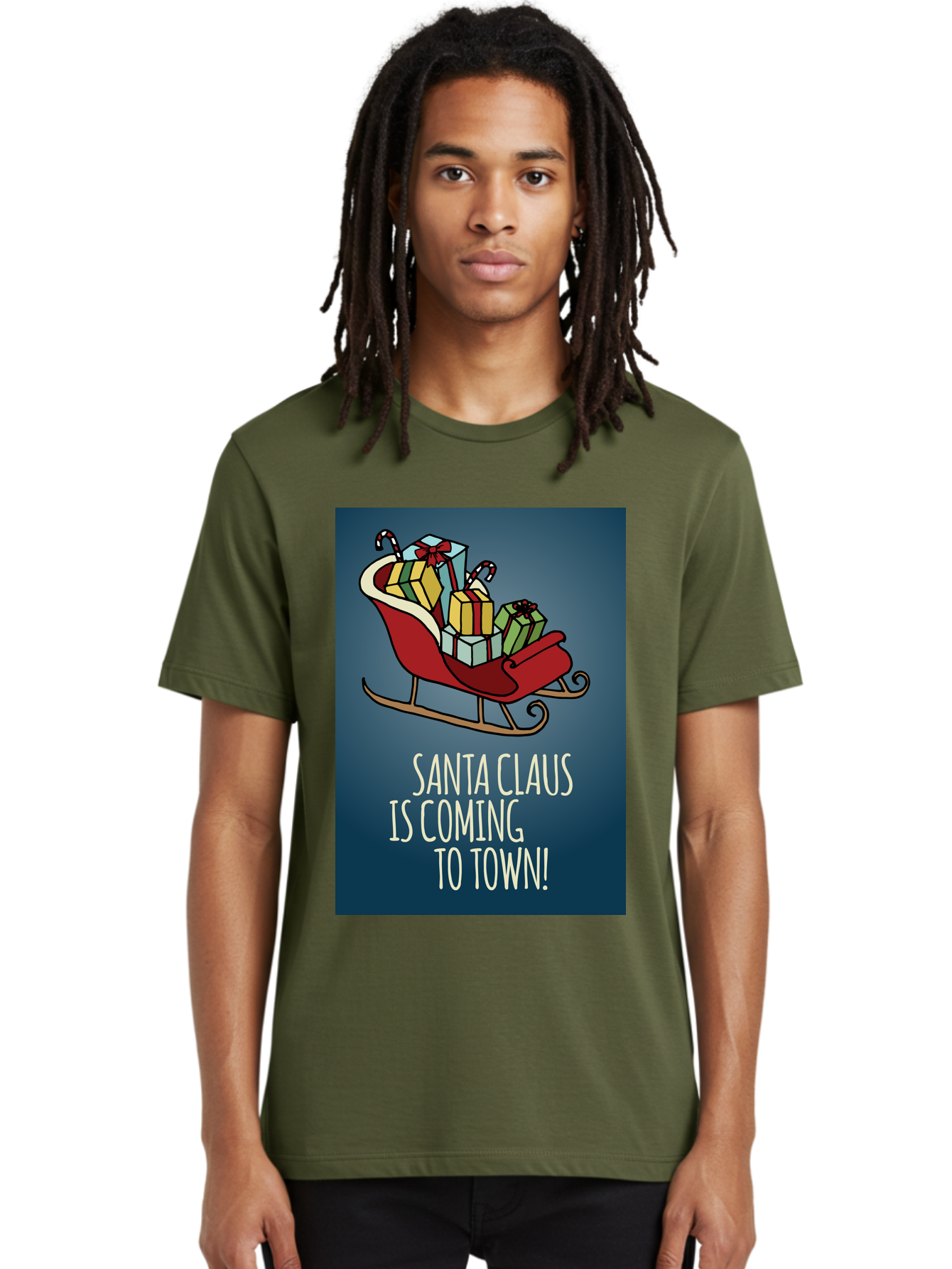 Santa-Claus-Is-Coming-To-Town Men'S Graphic Tee, 100% Cotton, Comfortable Casual Summer Wear, Machine Washable, Santa Claus, Christmas Gifts, Holiday Season, Festive Sleigh, Candy Canes, Wrapped Presents, Christmas Magic, Joyful Atmosphere, Aab093 14