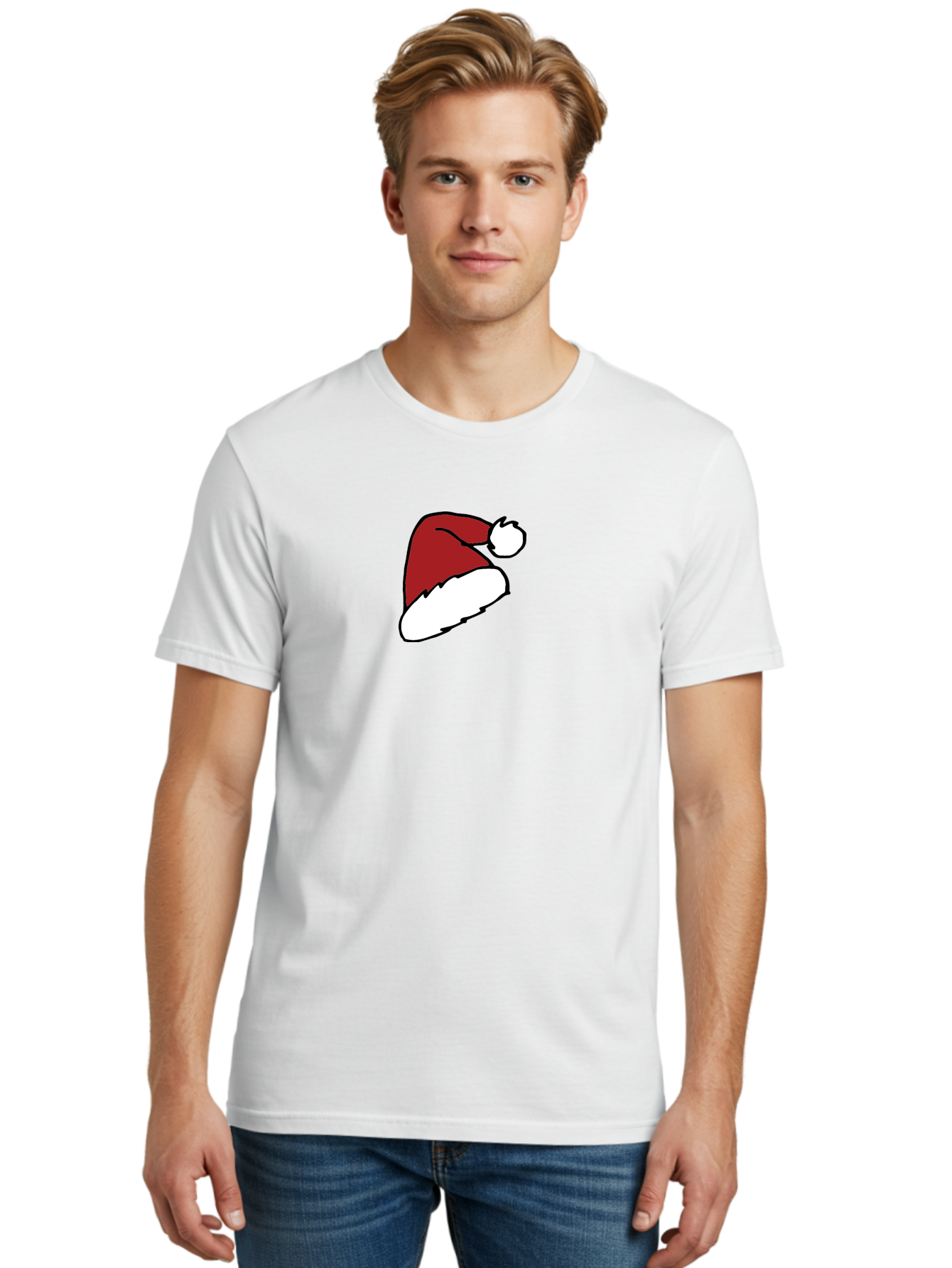 Santa-Hat Men'S Graphic Tee, 100% Cotton, Comfortable Casual Summer Wear, Machine Washable, Red And White Santa Hat, Christmas Accessory, Festive Headwear, Holiday Symbol, Cartoon Illustration, Winter Wear, Seasonal Decoration Aab095 28