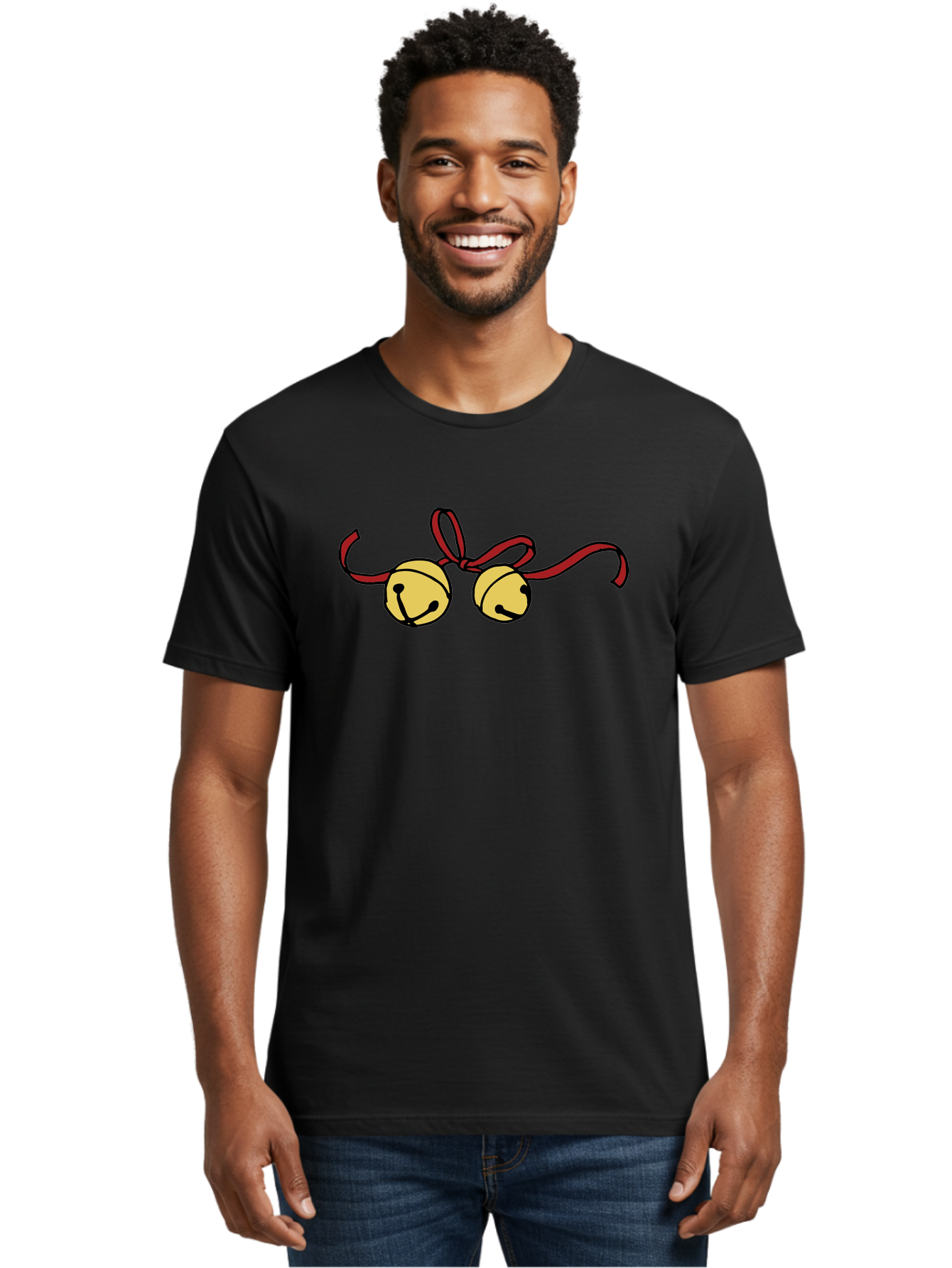 Sleigh-Bells Men'S Graphic Tee, 100% Cotton, Comfortable Casual Summer Wear, Machine Washable, Sleigh Bells, Jingle Bells, Red Ribbon, Festive Decor, Christmas Decorations, Holiday Cheer, Winter Wonderland, Cartoon Illustration, Yellow Bells Aab107 30