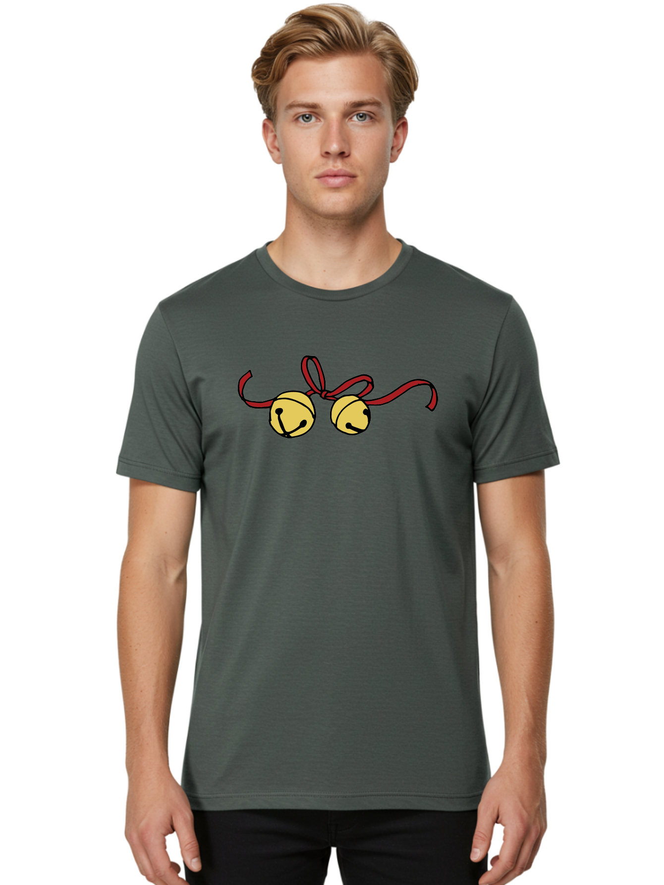 Sleigh-Bells Men'S Graphic Tee, 100% Cotton, Comfortable Casual Summer Wear, Machine Washable, Sleigh Bells, Jingle Bells, Red Ribbon, Festive Decor, Christmas Decorations, Holiday Cheer, Winter Wonderland, Cartoon Illustration, Yellow Bells Aab107 24