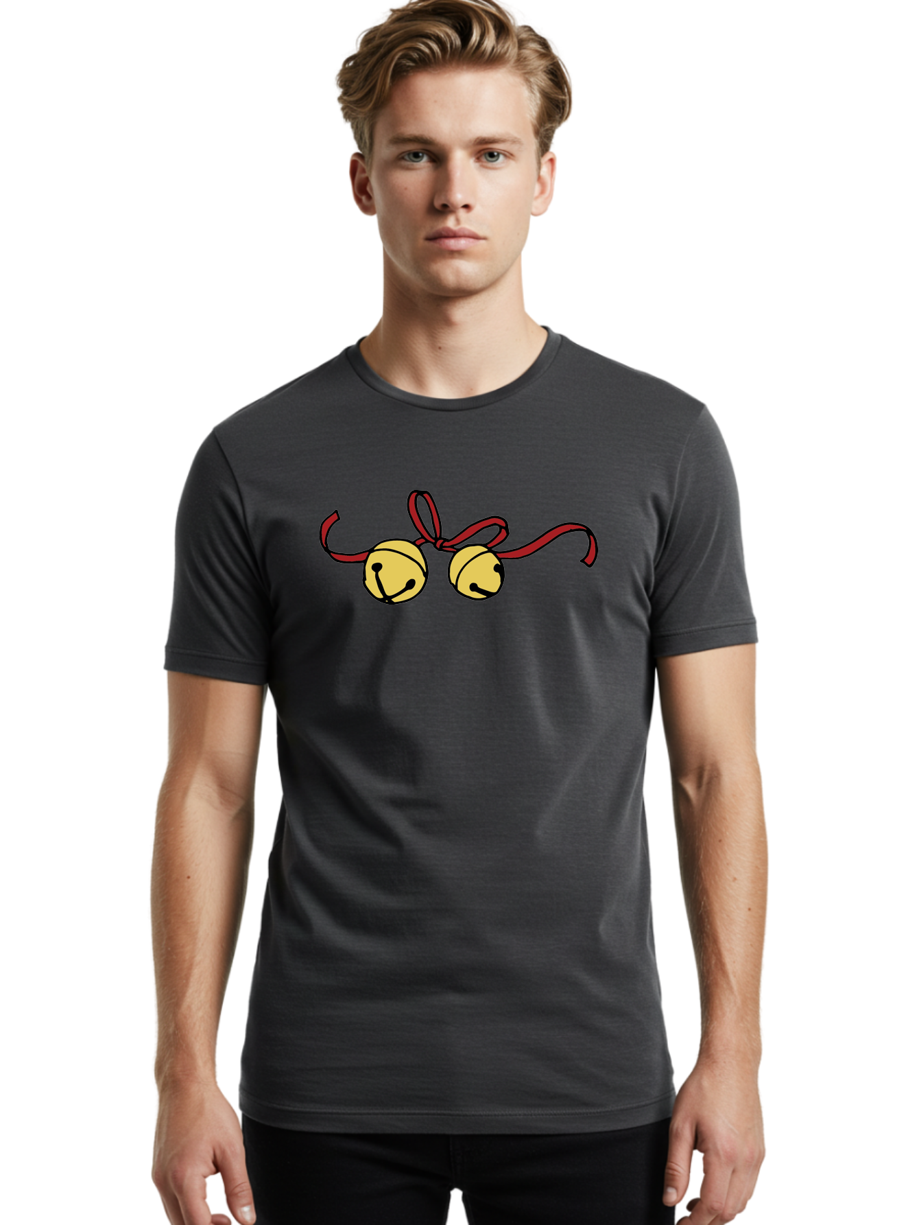 Sleigh-Bells Men'S Graphic Tee, 100% Cotton, Comfortable Casual Summer Wear, Machine Washable, Sleigh Bells, Jingle Bells, Red Ribbon, Festive Decor, Christmas Decorations, Holiday Cheer, Winter Wonderland, Cartoon Illustration, Yellow Bells Aab107 6