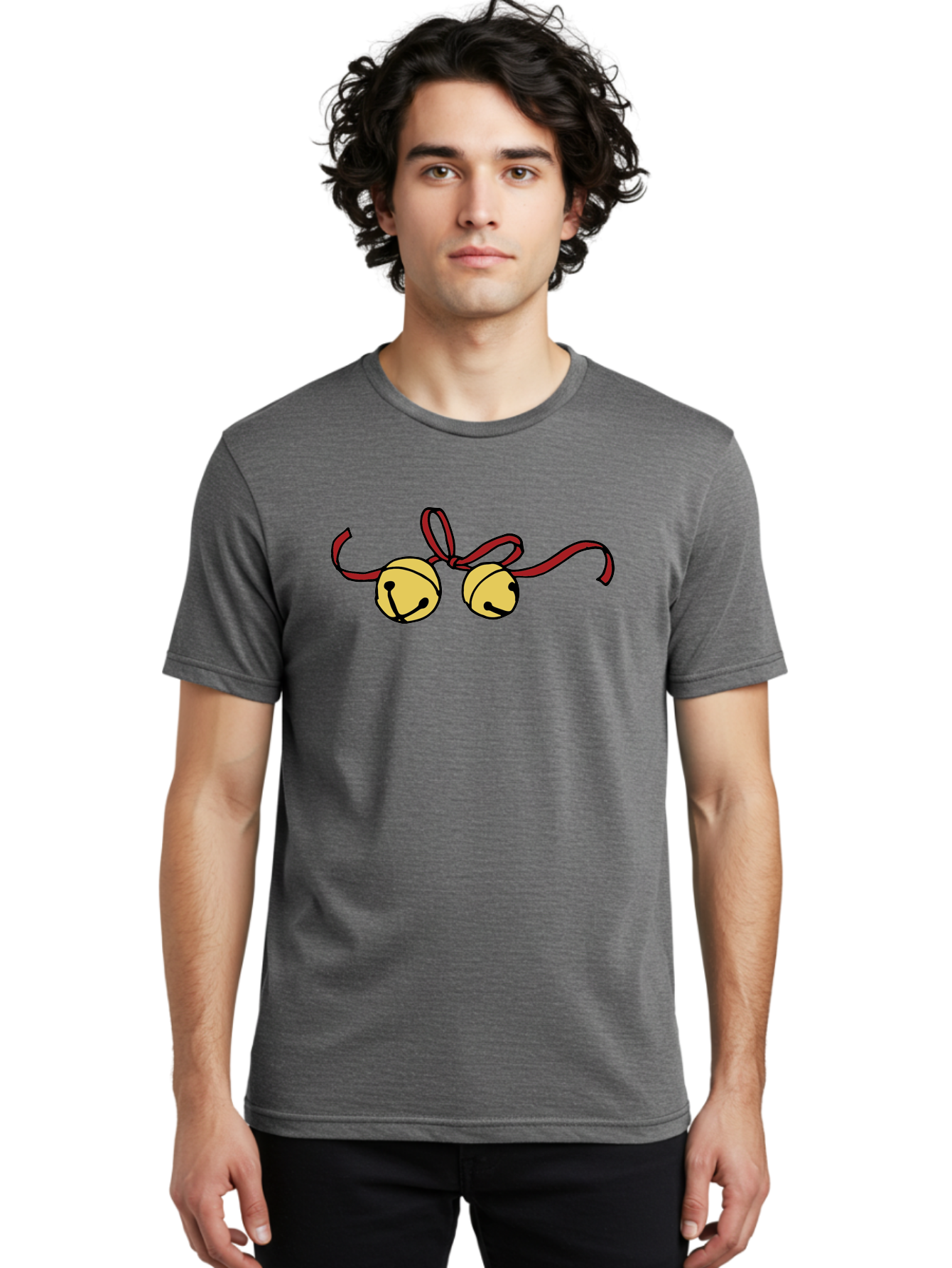 Sleigh-Bells Men'S Graphic Tee, 100% Cotton, Comfortable Casual Summer Wear, Machine Washable, Sleigh Bells, Jingle Bells, Red Ribbon, Festive Decor, Christmas Decorations, Holiday Cheer, Winter Wonderland, Cartoon Illustration, Yellow Bells Aab107 8