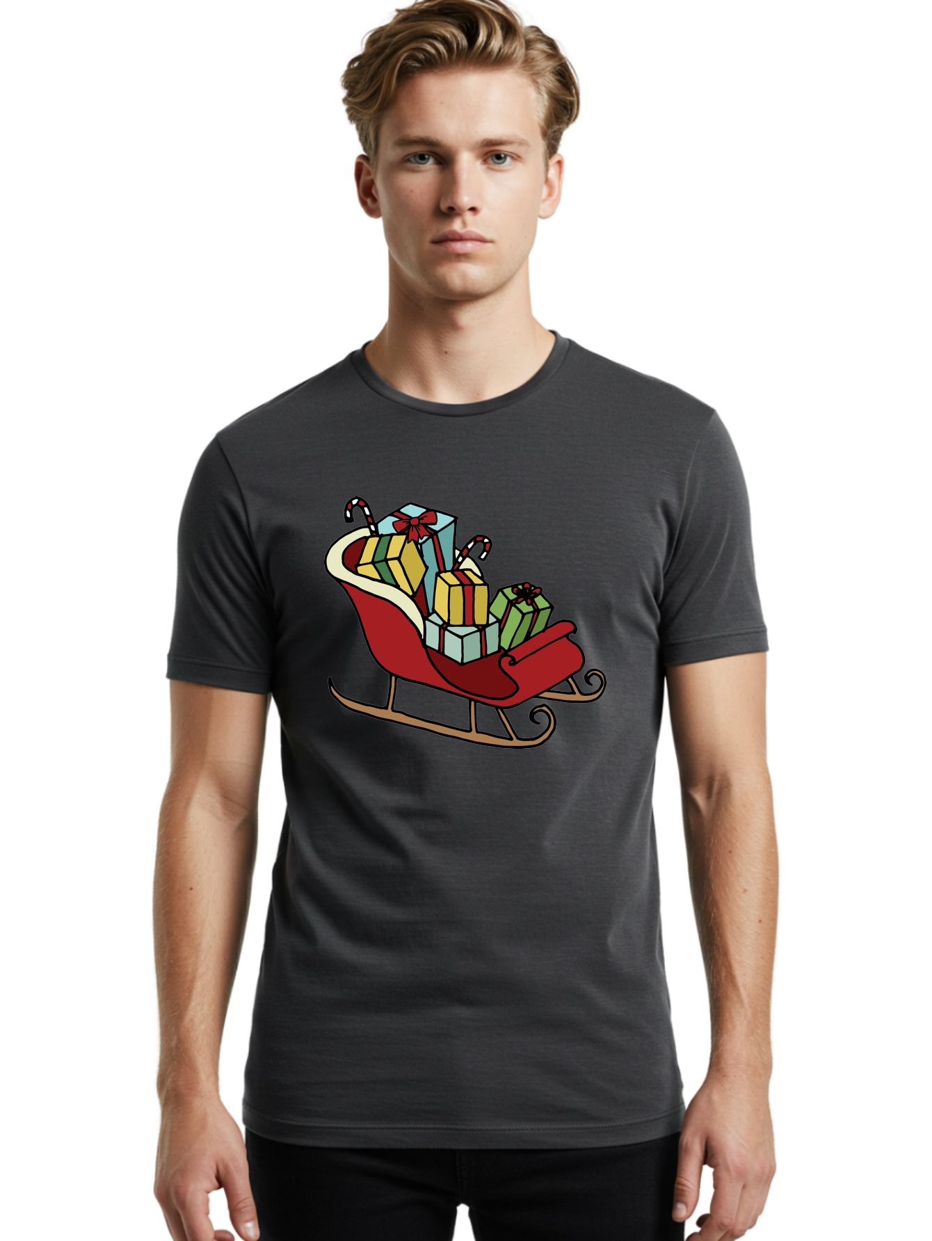 Sleigh-With-Gifts Men'S Graphic Tee, 100% Cotton, Comfortable Casual Summer Wear, Machine Washable, Christmas Gifts, Wrapped Presents, Red Sleigh, Holiday Decorations, Candy Canes, Festive Atmosphere, Winter Season, Joyful Spirit, Gift Giving, Aab108 12