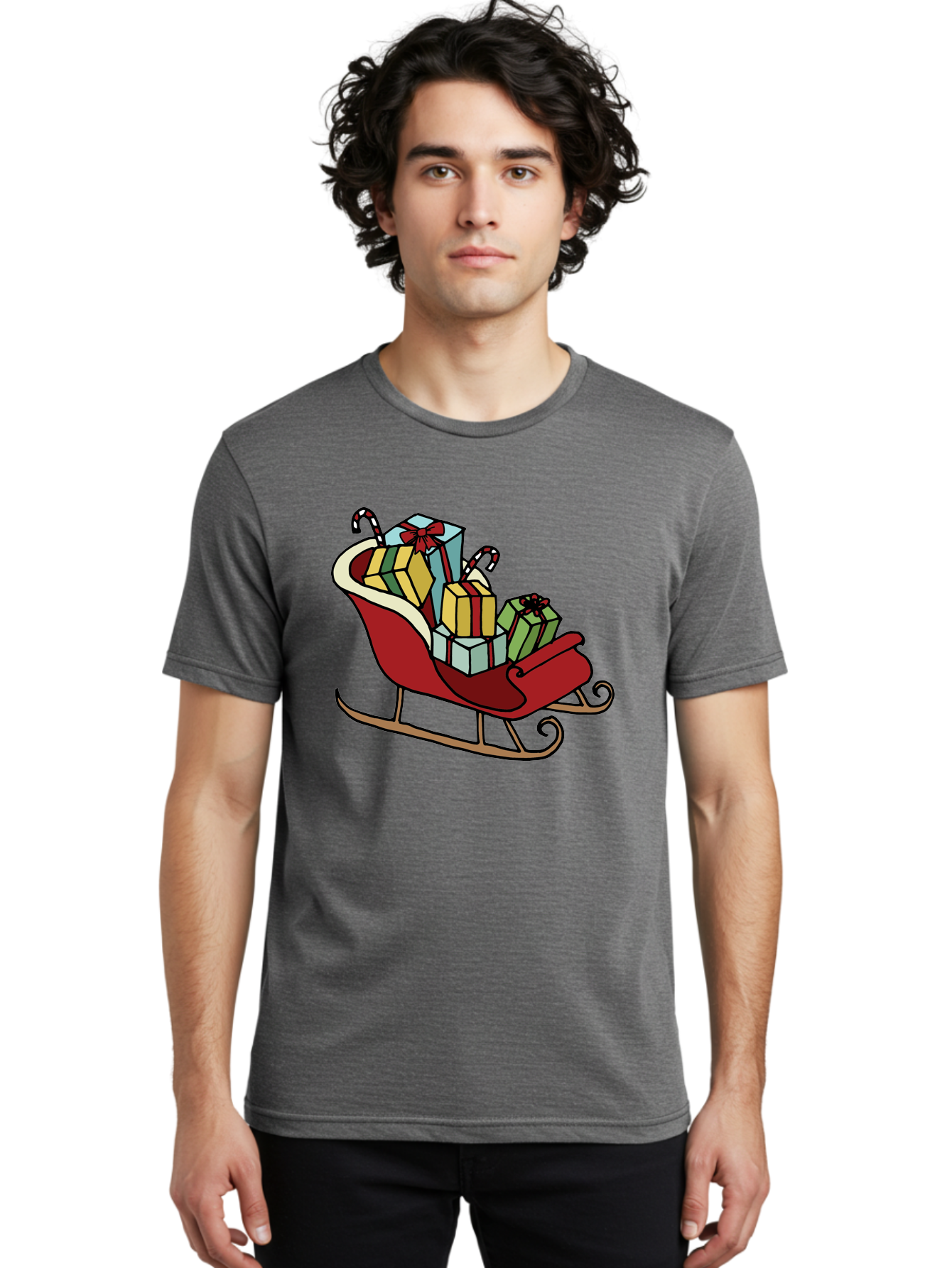 Sleigh-With-Gifts Men'S Graphic Tee, 100% Cotton, Comfortable Casual Summer Wear, Machine Washable, Christmas Gifts, Wrapped Presents, Red Sleigh, Holiday Decorations, Candy Canes, Festive Atmosphere, Winter Season, Joyful Spirit, Gift Giving, Aab108 16