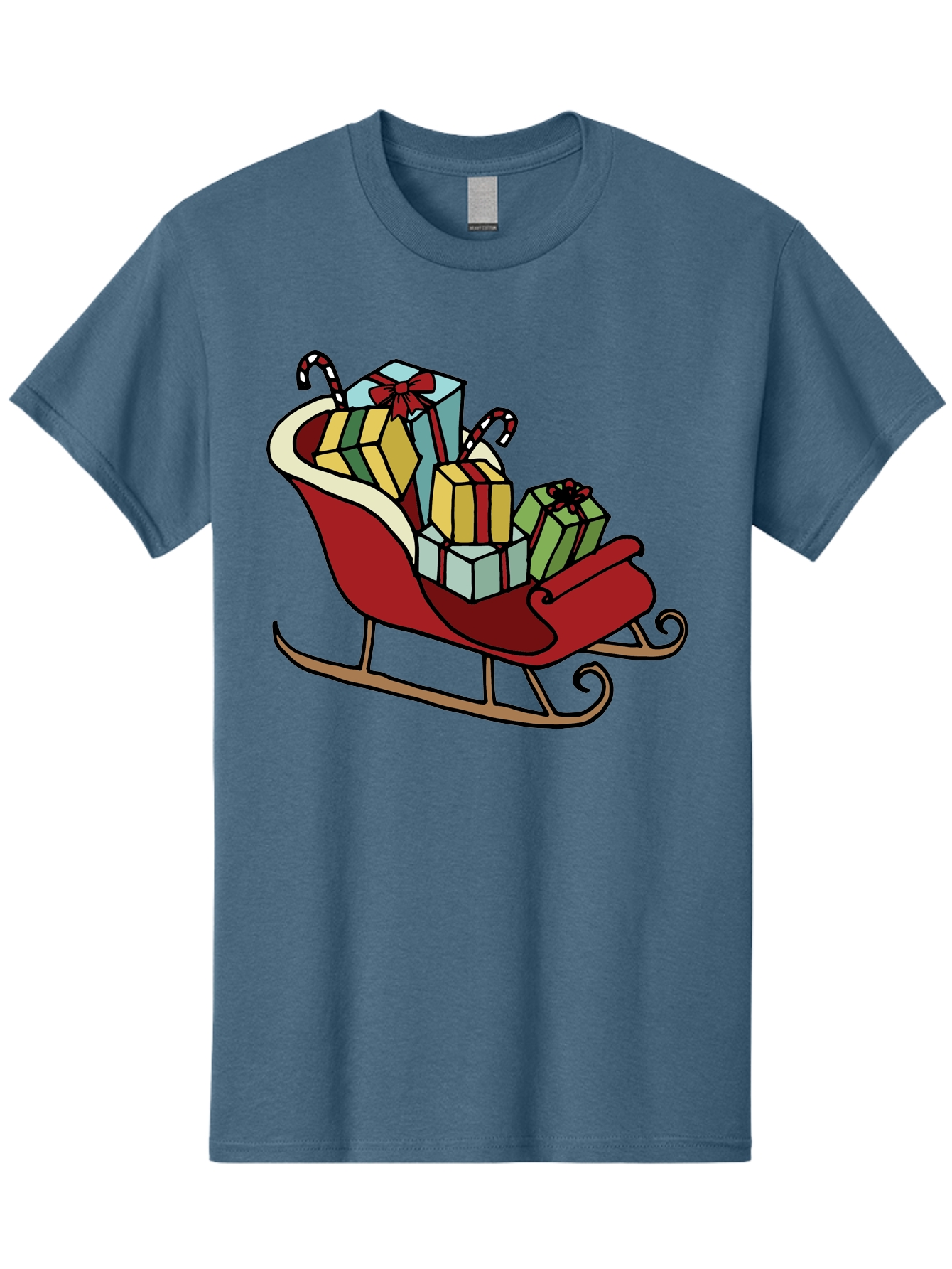 Sleigh-With-Gifts Men'S Graphic Tee, 100% Cotton, Comfortable Casual Summer Wear, Machine Washable, Christmas Gifts, Wrapped Presents, Red Sleigh, Holiday Decorations, Candy Canes, Festive Atmosphere, Winter Season, Joyful Spirit, Gift Giving, Aab108 13