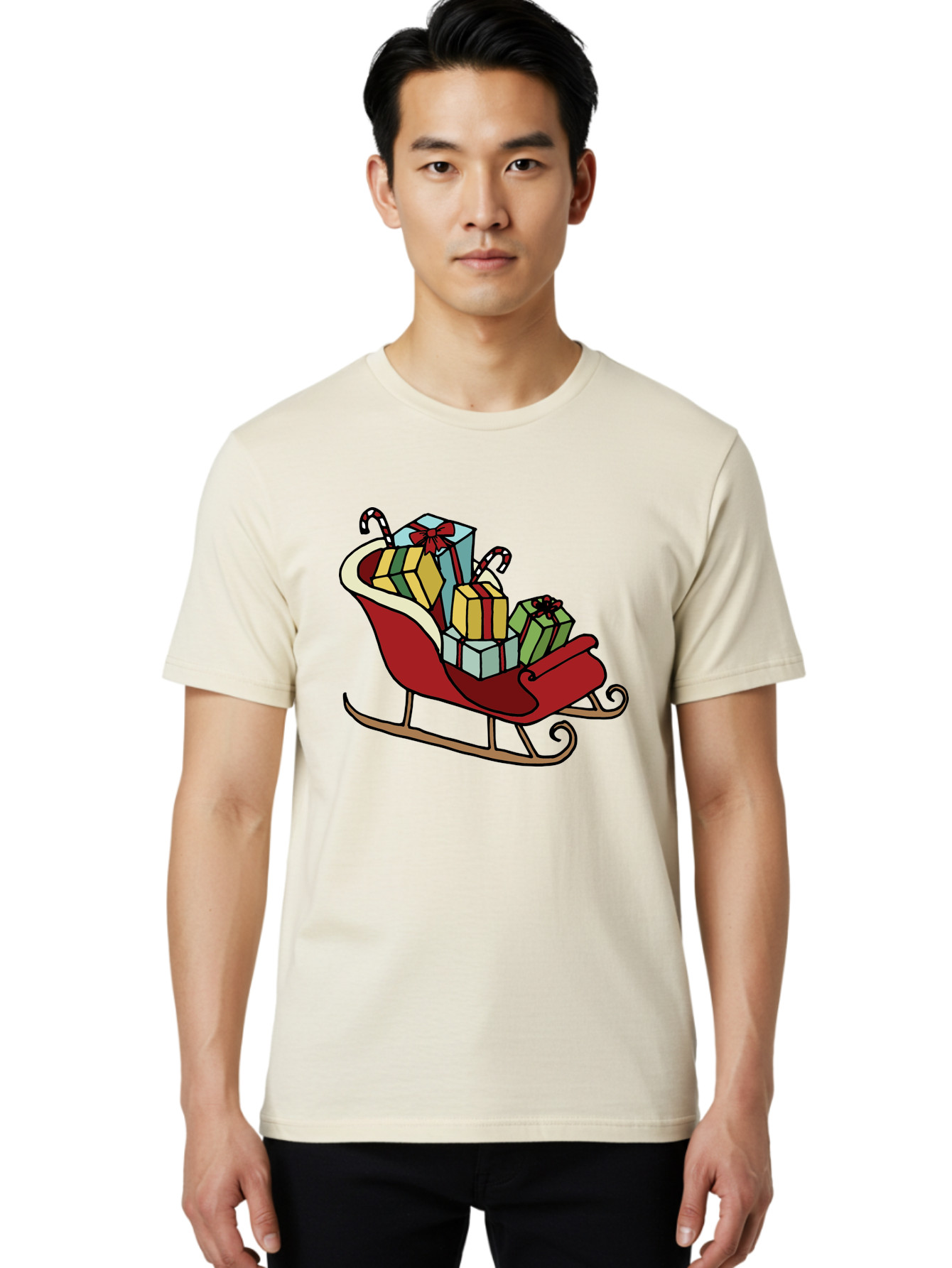 Sleigh-With-Gifts Men'S Graphic Tee, 100% Cotton, Comfortable Casual Summer Wear, Machine Washable, Christmas Gifts, Wrapped Presents, Red Sleigh, Holiday Decorations, Candy Canes, Festive Atmosphere, Winter Season, Joyful Spirit, Gift Giving, Aab108 6