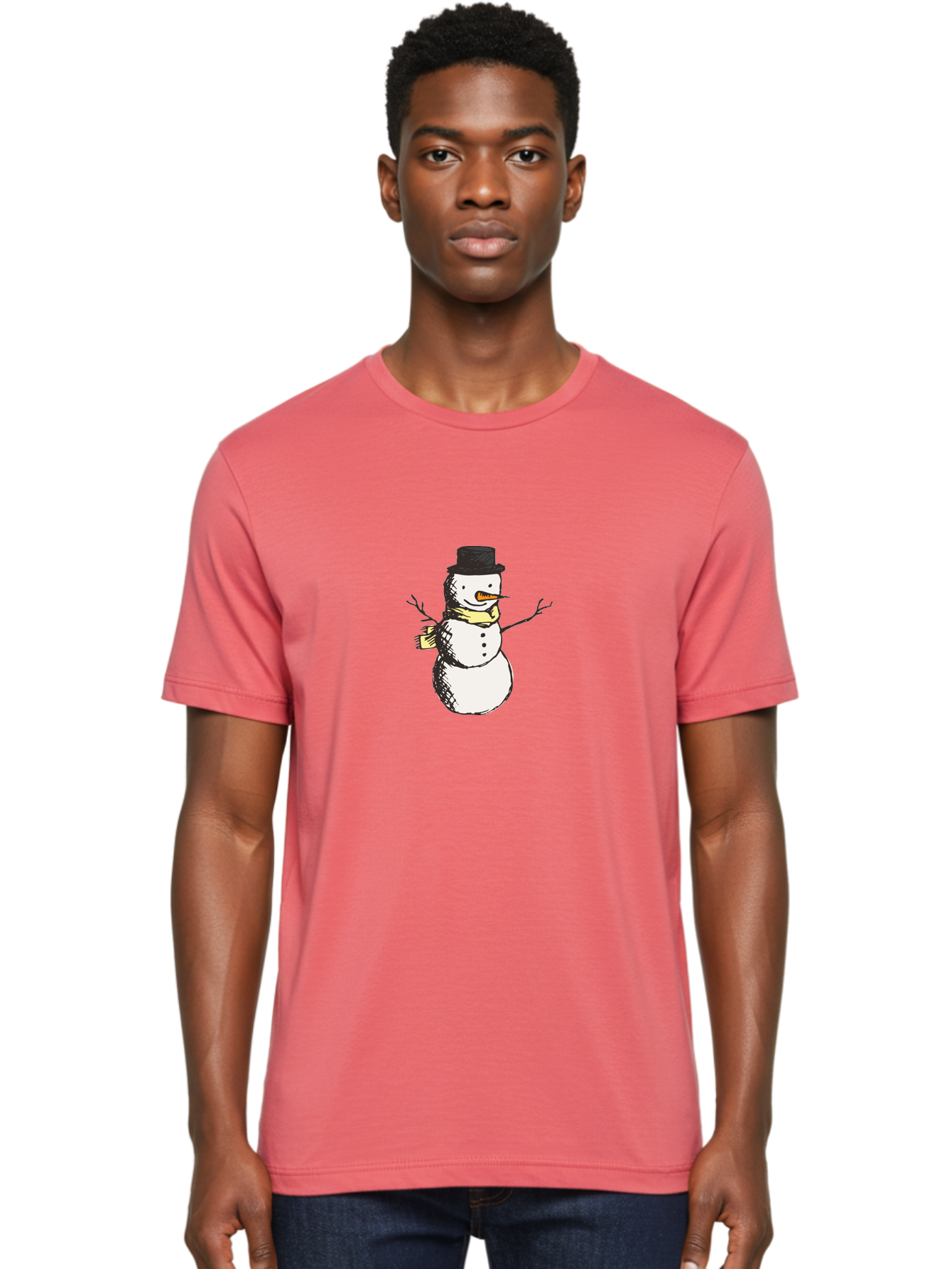 Smiling-Snowman Men'S Graphic Tee, 100% Cotton, Comfortable Casual Summer Wear, Machine Washable, Cartoon Snowman, Winter Character, Top Hat, Yellow Scarf, Carrot Nose, Stick Arms, Winter Fun, Festive Figure, Holiday Cheer, Aab110 6