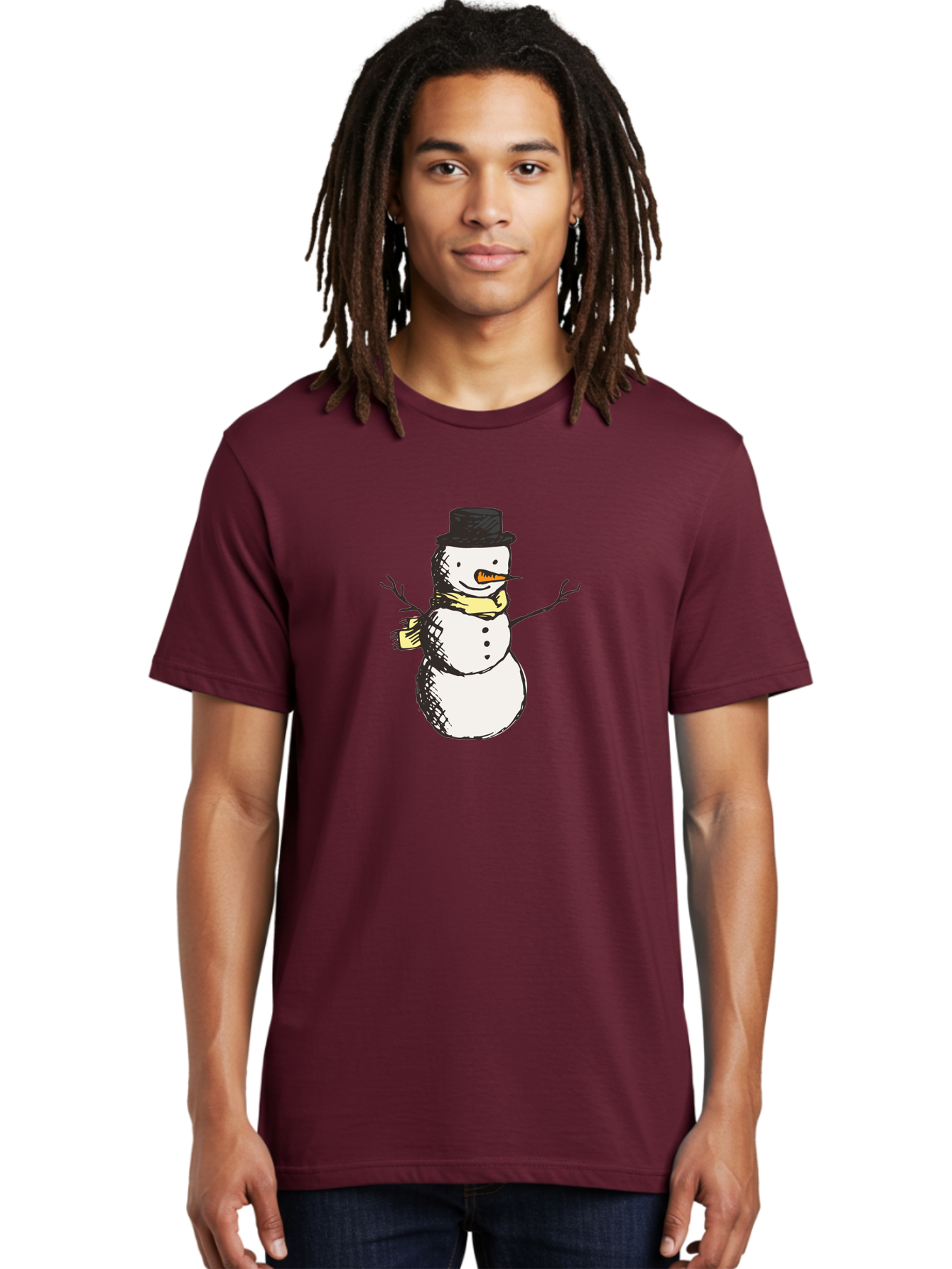 Smiling-Snowman Men'S Graphic Tee, 100% Cotton, Comfortable Casual Summer Wear, Machine Washable, Cartoon Snowman, Winter Character, Top Hat, Yellow Scarf, Carrot Nose, Stick Arms, Winter Fun, Festive Figure, Holiday Cheer, Aab110 14