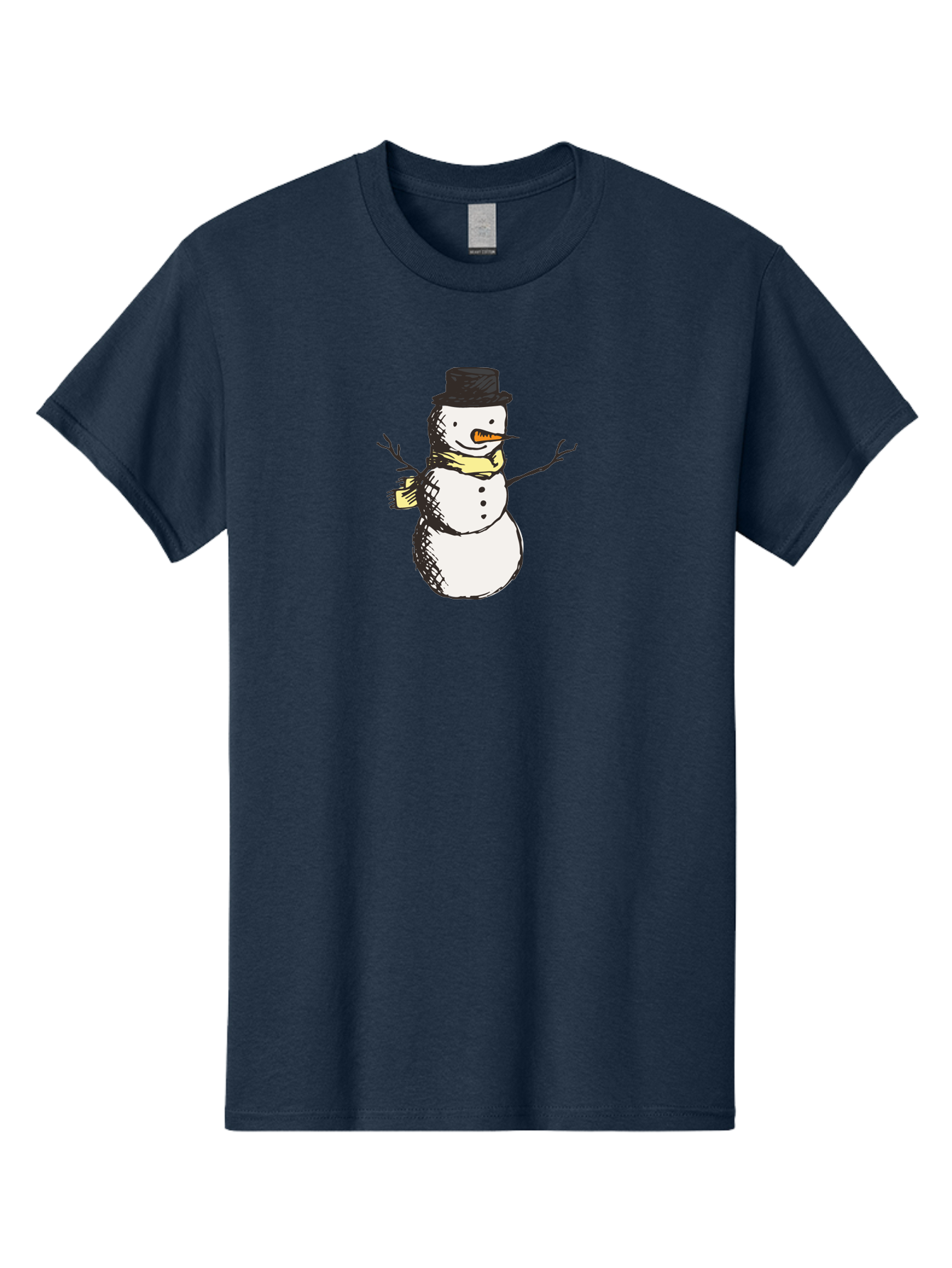 Smiling-Snowman Men'S Graphic Tee, 100% Cotton, Comfortable Casual Summer Wear, Machine Washable, Cartoon Snowman, Winter Character, Top Hat, Yellow Scarf, Carrot Nose, Stick Arms, Winter Fun, Festive Figure, Holiday Cheer, Aab110 19