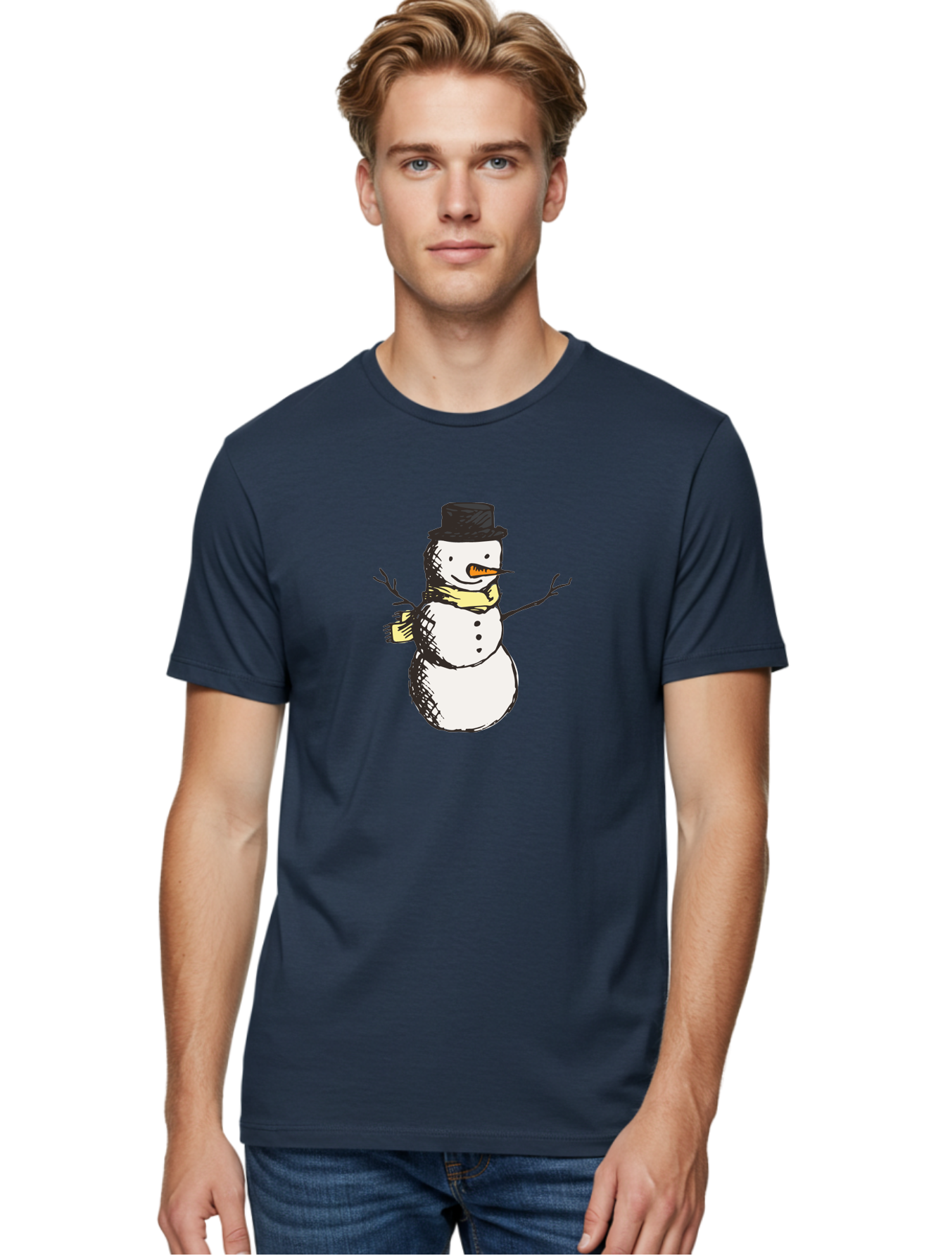 Smiling-Snowman Men'S Graphic Tee, 100% Cotton, Comfortable Casual Summer Wear, Machine Washable, Cartoon Snowman, Winter Character, Top Hat, Yellow Scarf, Carrot Nose, Stick Arms, Winter Fun, Festive Figure, Holiday Cheer, Aab110 20