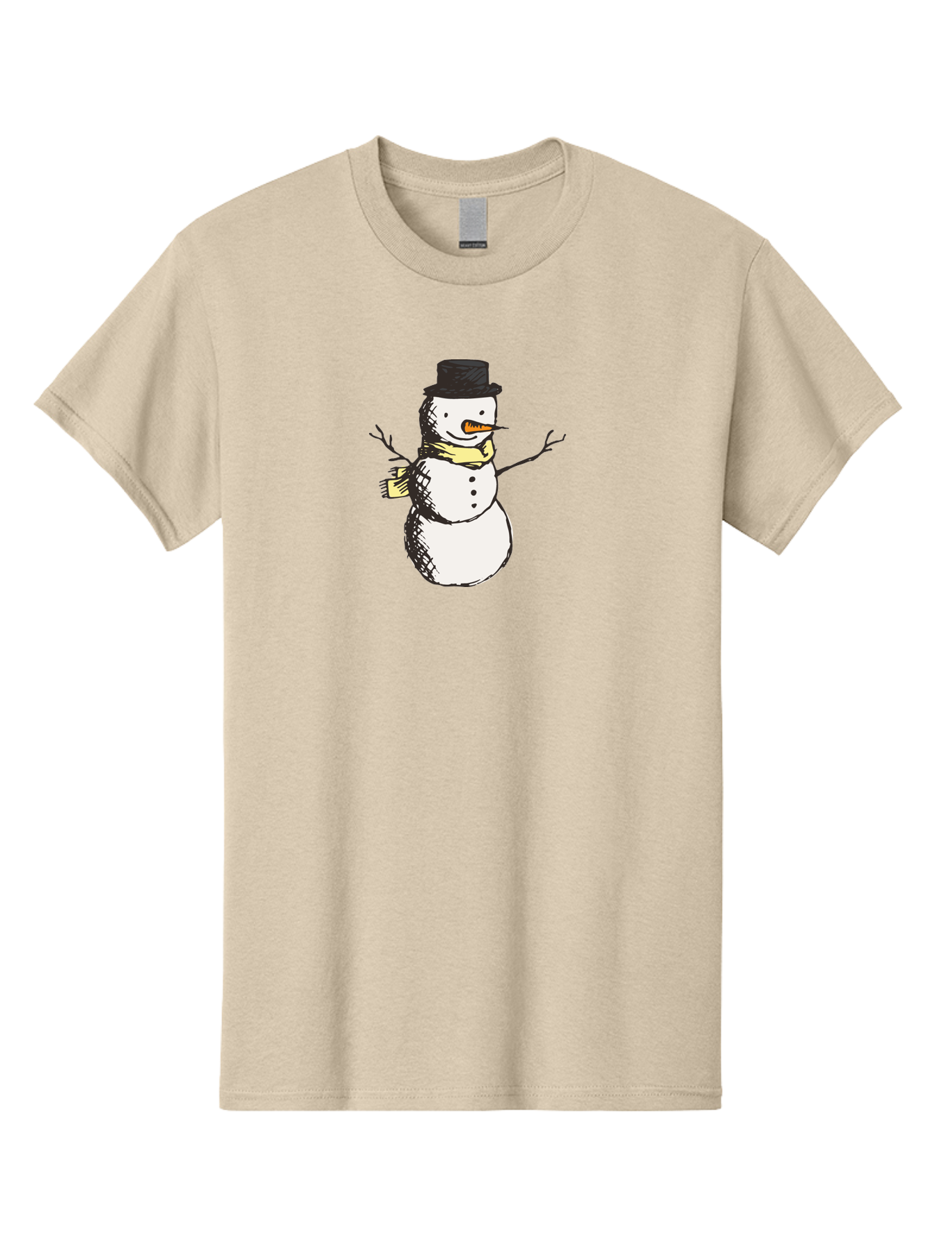 Smiling-Snowman Men'S Graphic Tee, 100% Cotton, Comfortable Casual Summer Wear, Machine Washable, Cartoon Snowman, Winter Character, Top Hat, Yellow Scarf, Carrot Nose, Stick Arms, Winter Fun, Festive Figure, Holiday Cheer, Aab110 27